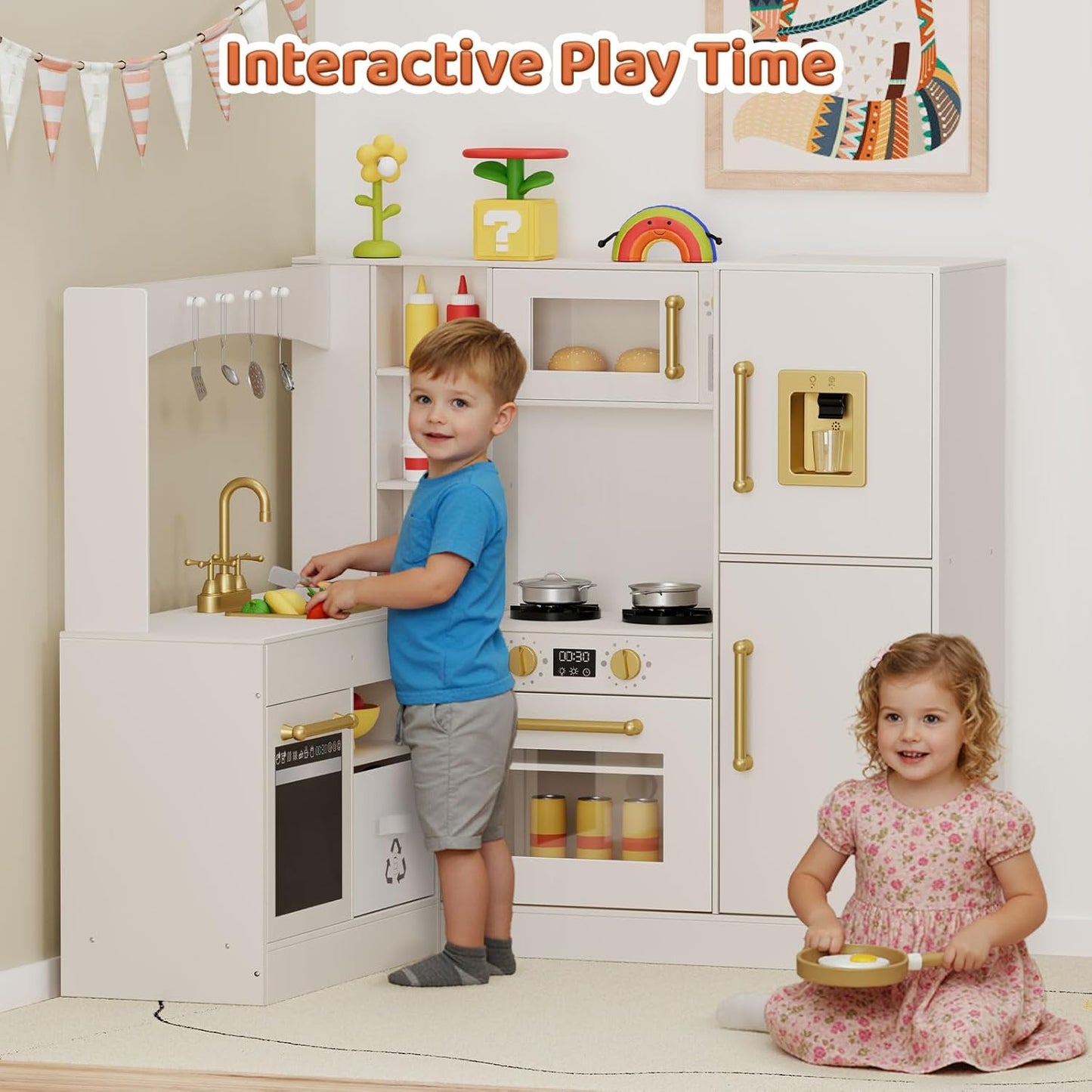 LAZY BUDDY Corner Wooden Play Kitchen w/ Lights & Sounds, Large Toodler Cooking Playset, Pretend Play Kitchen Toy Gift for Ages 3+