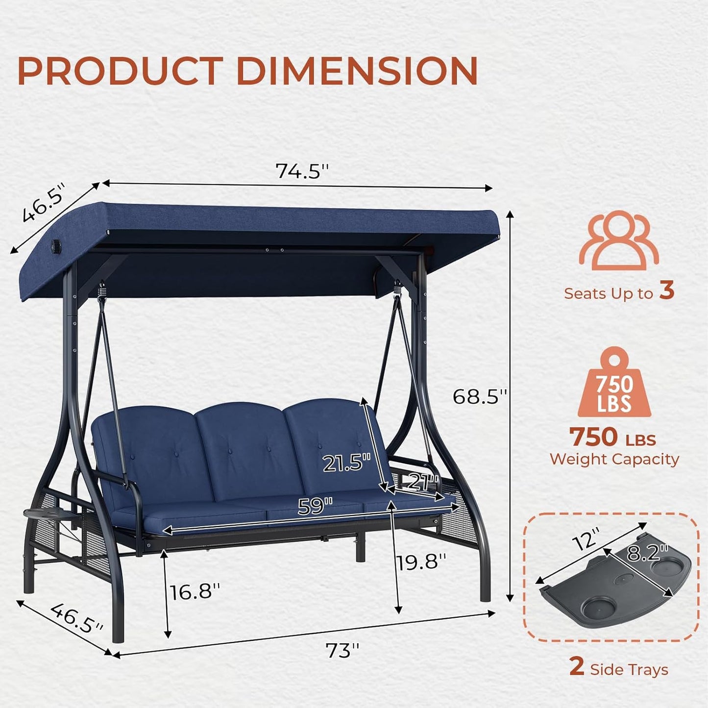 LAZY BUDDY Outdoor Porch Swing with Canopy and Stand, 3 Person Patio Swing for Adults, Convertible 2 in 1 Porch Swing Bed with Cup Holder, 750lbs