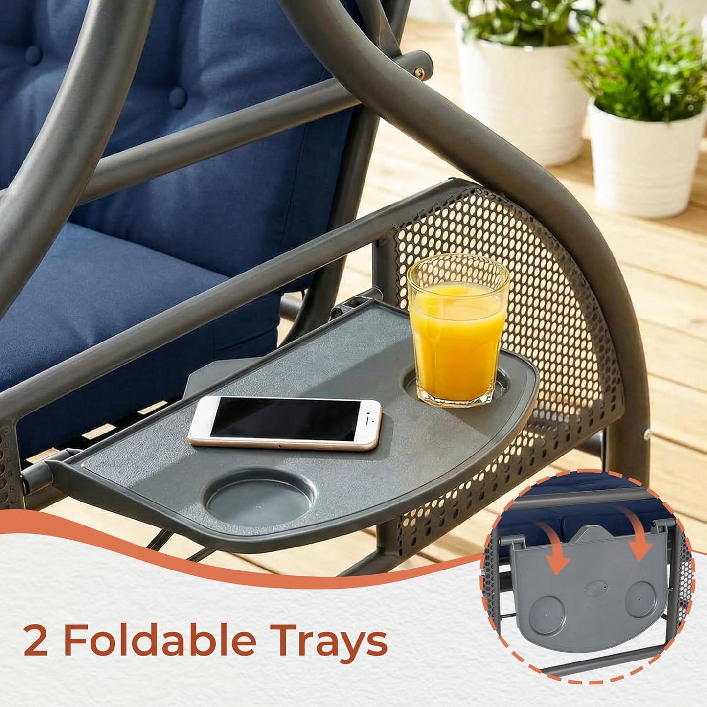 LAZY BUDDY Outdoor Porch Swing with Canopy and Stand, 3 Person Patio Swing for Adults, Convertible 2 in 1 Porch Swing Bed with Cup Holder, 750lbs