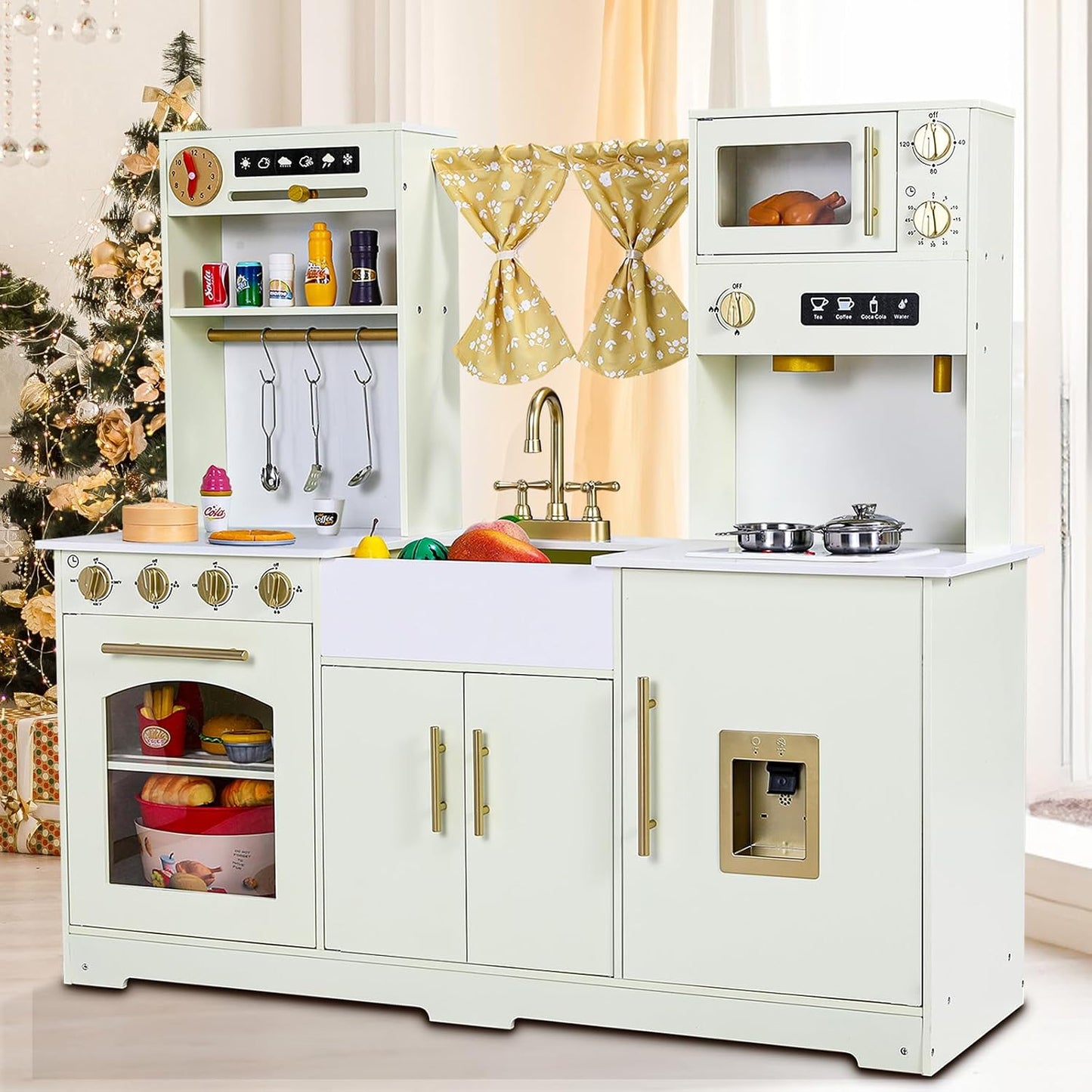 LAZY BUDDY Toddler Play Kitchen, Wooden Kids Kitchen Playset w/Stove, Sink, Microwave, Water Dispenser, Curtain, Gift for Ages 3+