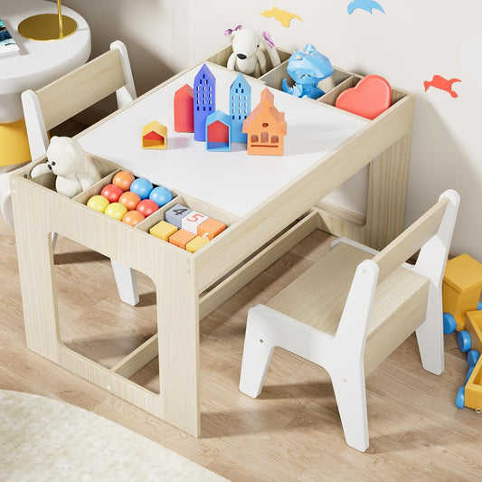LAZY BUDDY Kids Table & Chair Set, 3 in 1 Children Wood Activity Table W/ Storage Detachable Tabletop for Children Drawing Reading Art Craft, Playroom, Nursery, Toddler Table and Chair Set