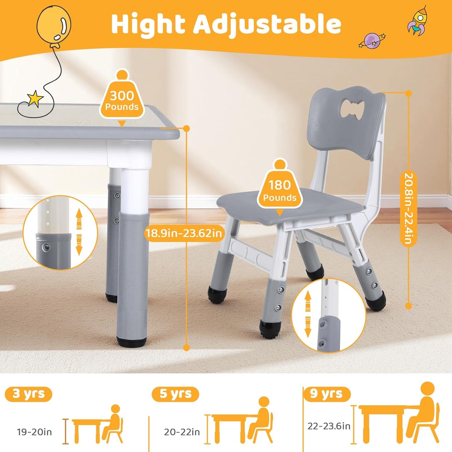 LAZY BUDDY Kids Table and 2 Chairs Set, Height Adjustable Toddler Play Activity Table with Graffiti Desktop for Playroom, Daycare