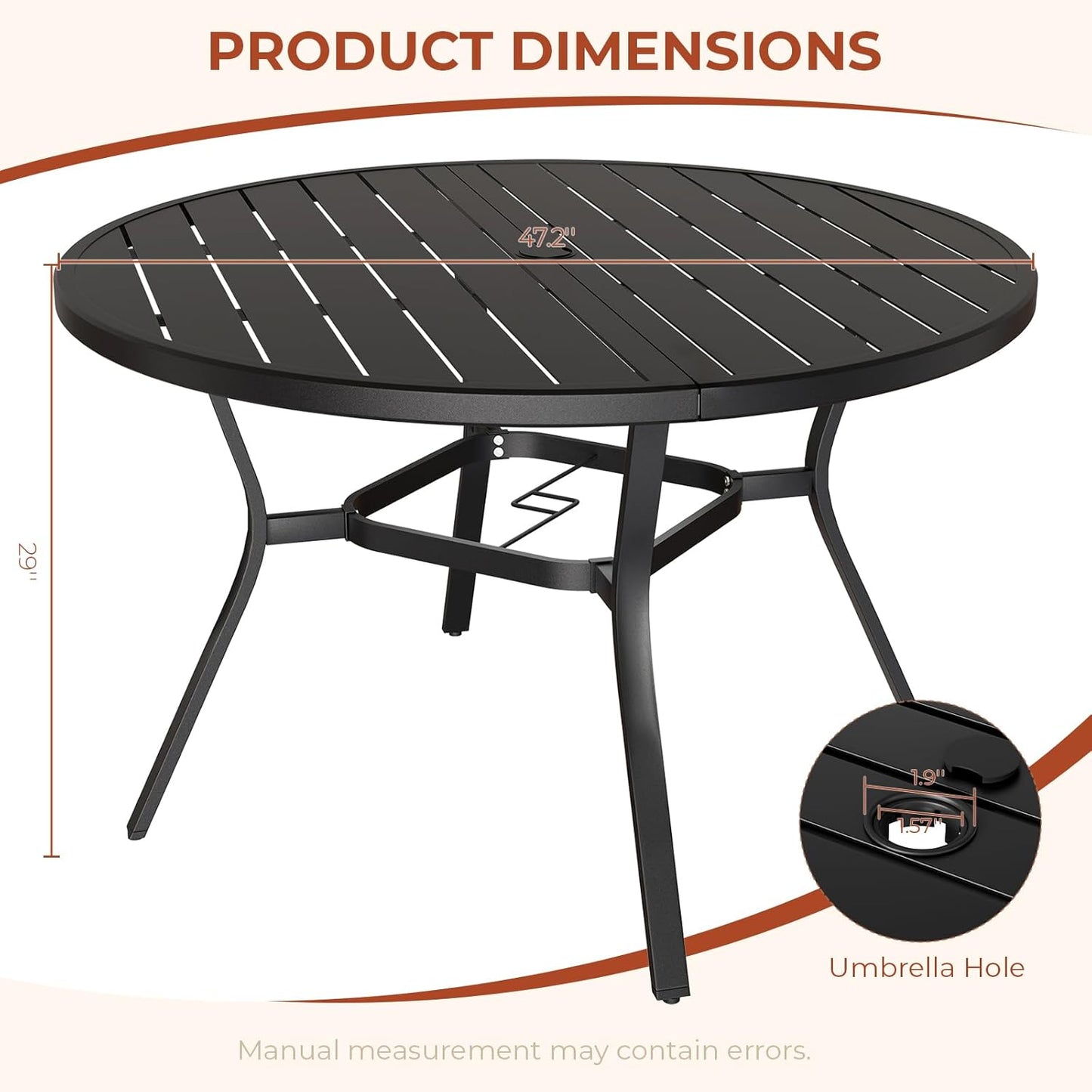 LAZY BUDDY Outdoor Dining Table for 4-6, E-Coating Metal Patio Dining Table with Umbrella Hole, All-Weather Table for Picnic, Garden, Backyard, Poolside