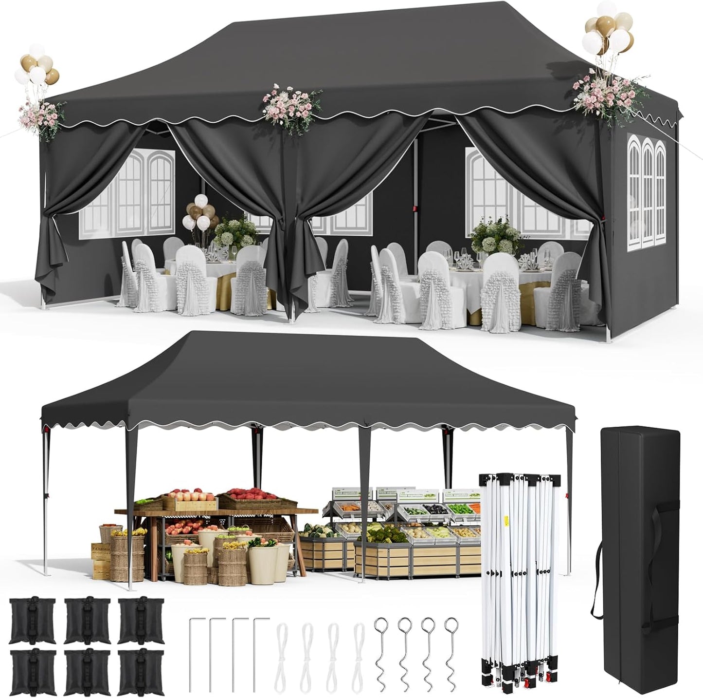 LAZY BUDDY 10' x 20' Ez Pop Up Canopy Tent, Heavy Duty Outdoor Canopy Tent Folding Instant Shelter, Wedding Party Large Gazebo with Sidewalls, Adjustable Height
