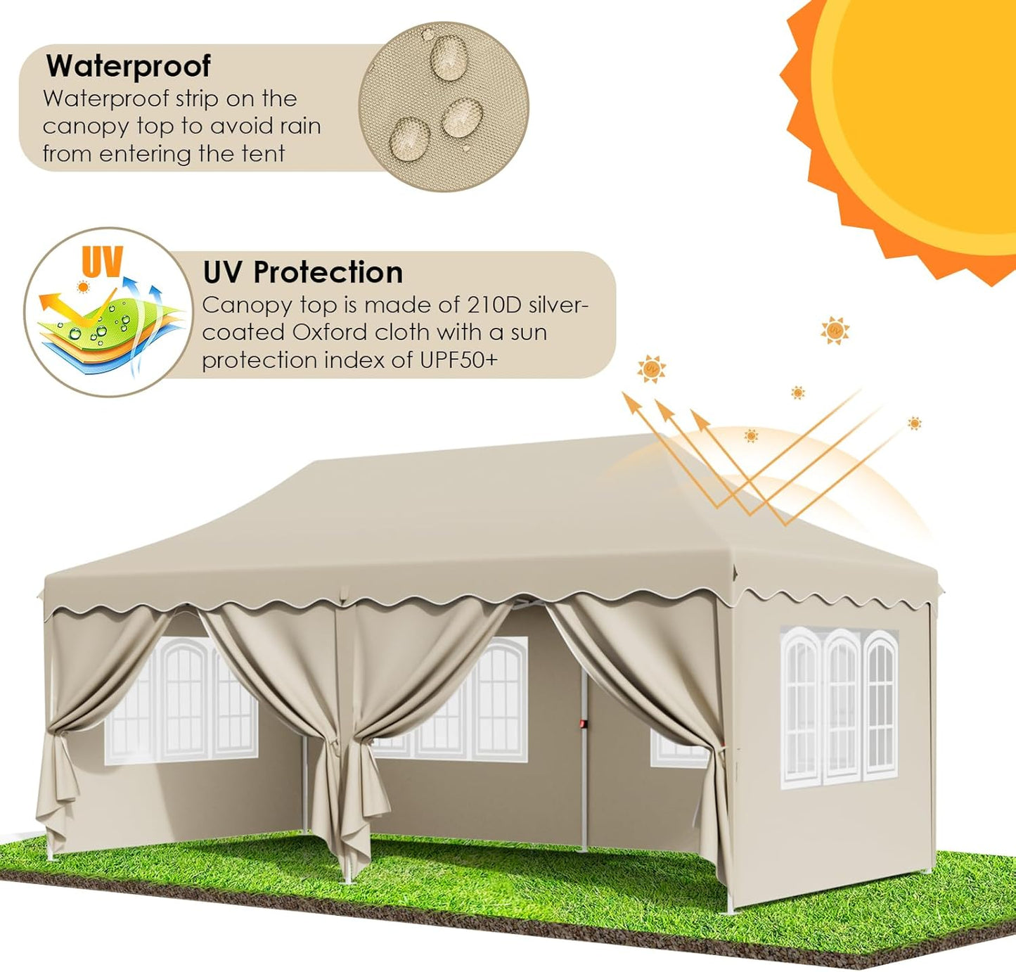LAZY BUDDY 10' x 20' Ez Pop Up Canopy Tent, Heavy Duty Outdoor Canopy Tent Folding Instant Shelter, Wedding Party Large Gazebo with Sidewalls, Adjustable Height