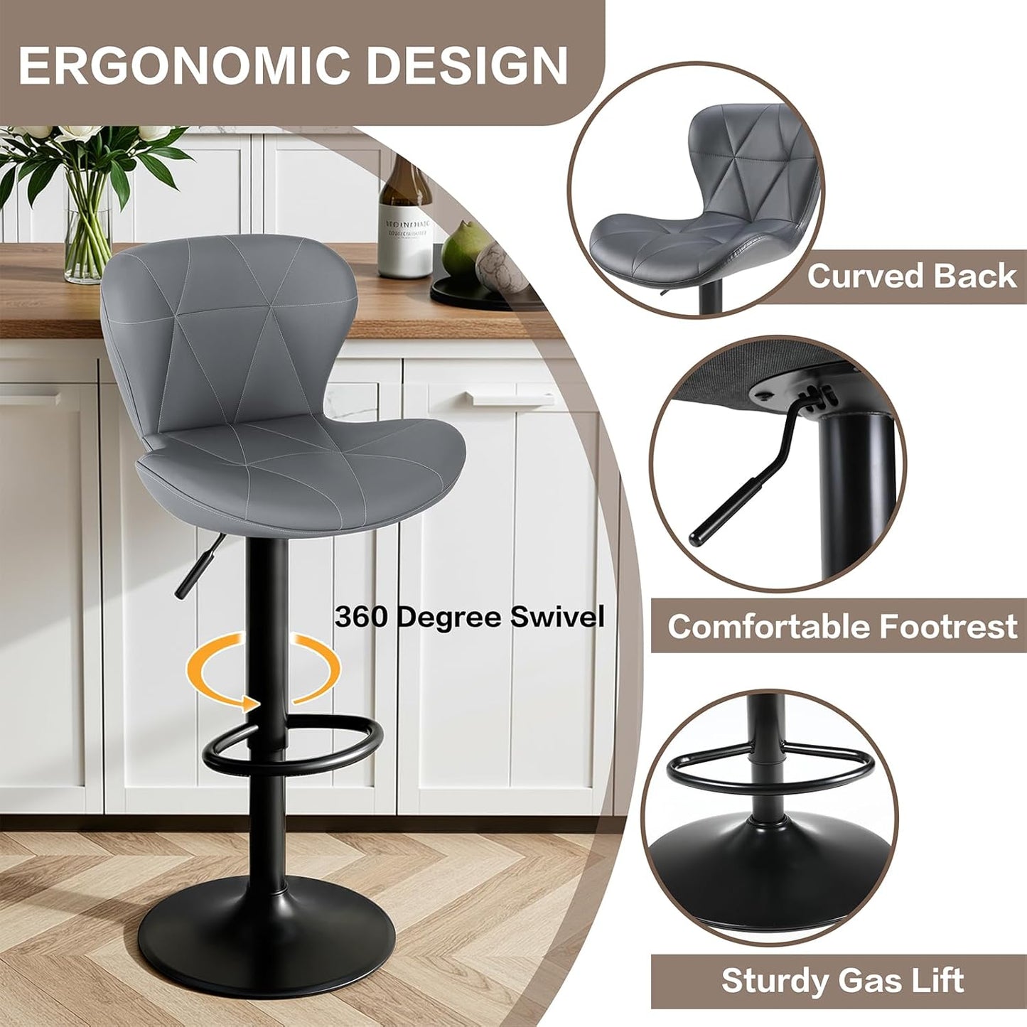 LAZY BUDDY Bar Stools Set of 2/4, Adjustable Counter Height Barstools Swivel Bar Chairs for Kitchen Island, Dining Room