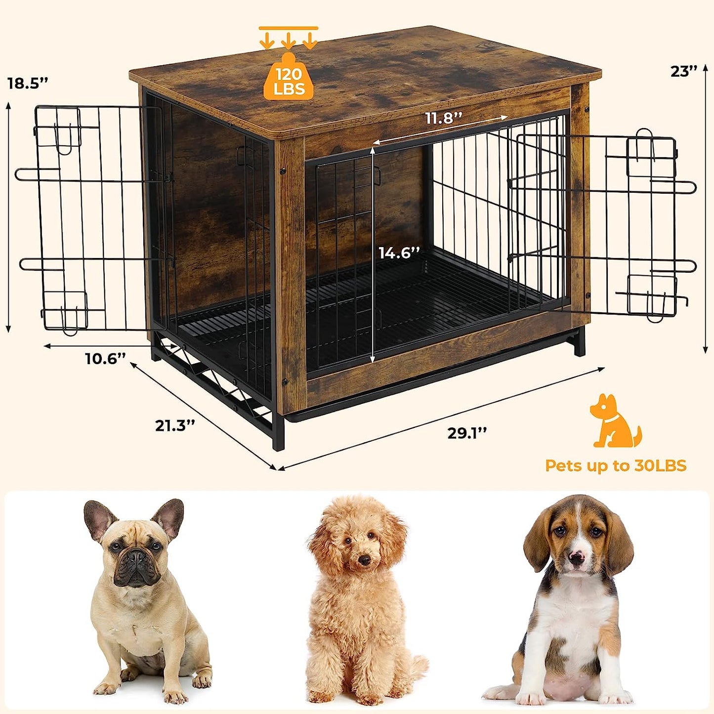 LAZY BUDDY Dog Crate Furniture for Small / Medium Dogs, Indoor Dog Kennel Side End Table Wooden Dog Cage with Removable Tray