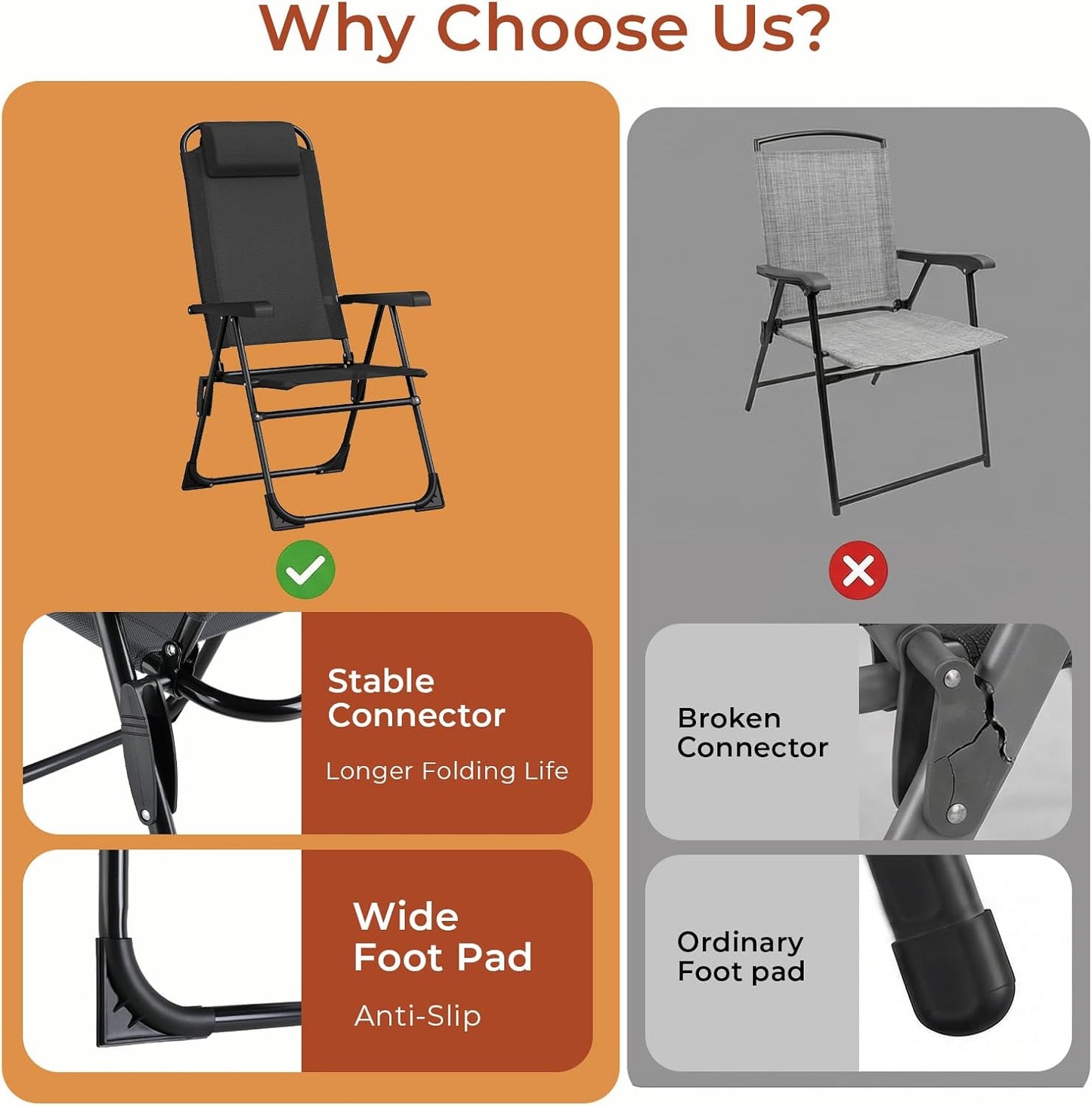 LAZY BUDDY Folding Patio Dining Chairs Set of 2/4 with Armrests, 5-Postion Adjustable Outdoor Chair with Removable Headrest for Deck, Lawn, Garden, Backyard