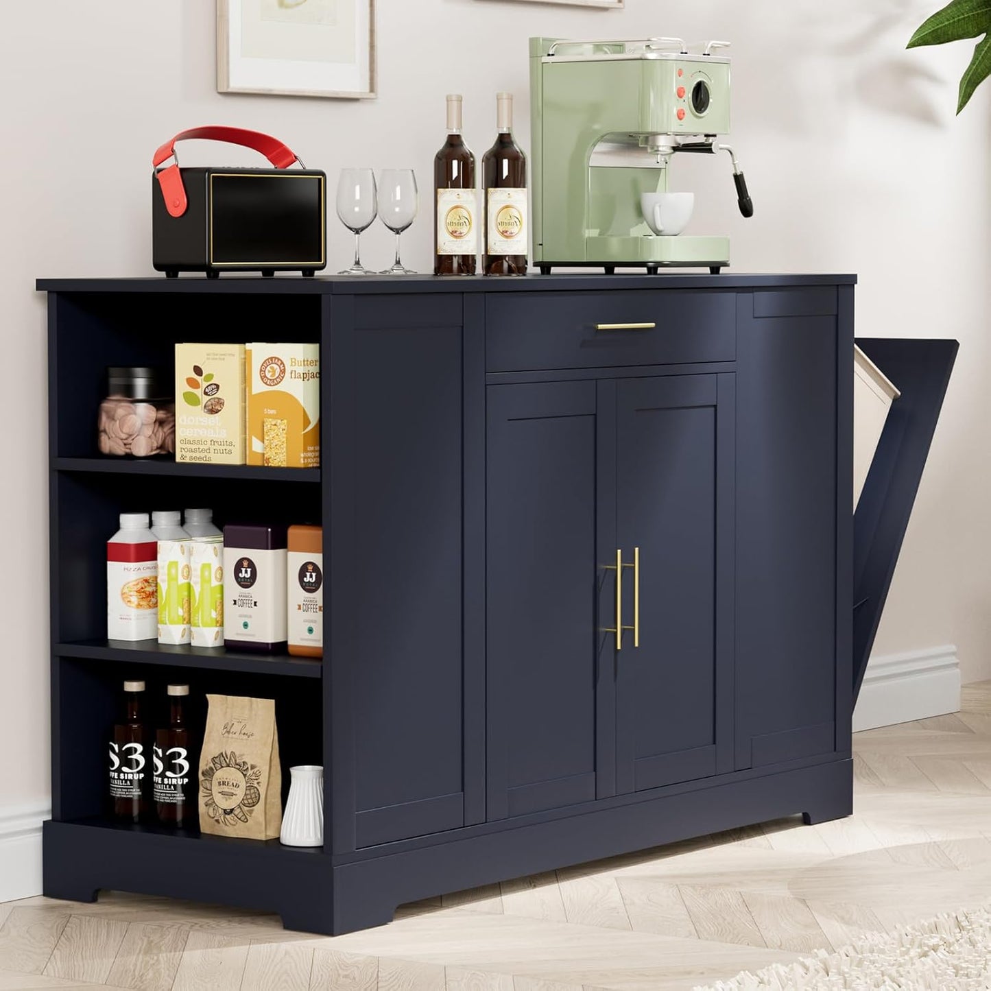 LAZY BUDDY 53" Large Kitchen Island w/ Trash Can Storage Cabinet, Wooden Stationary Storage Pantry for 13 Gallon Garbage Bin with Drawer, Adjustable Double Door Cabinet, 3 Layer Open Side Racks