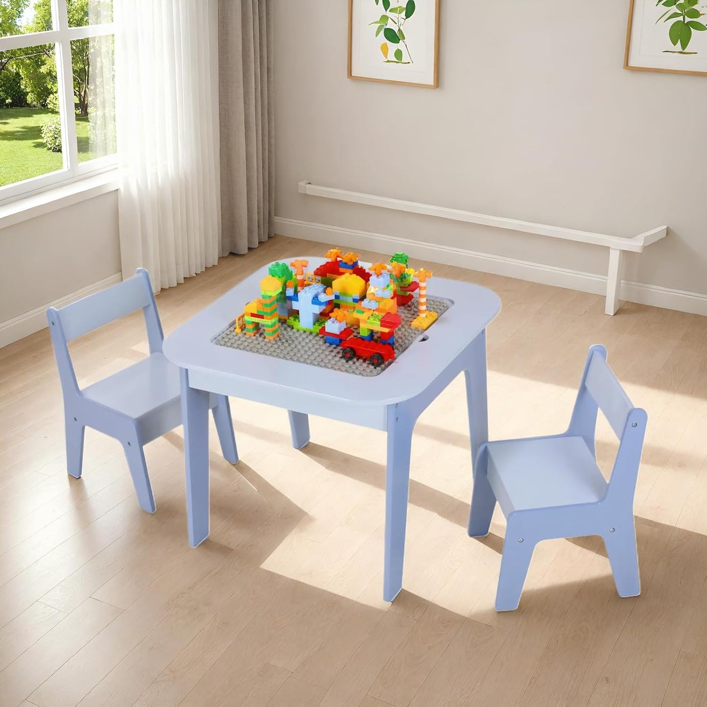 LAZY BUDDY Wooden Kids Table and 2 Chairs Set with Storage, Toddler Activity Table with 2 Removable Double-Sided Tabletops for Drawing, Arts Crafts Playing