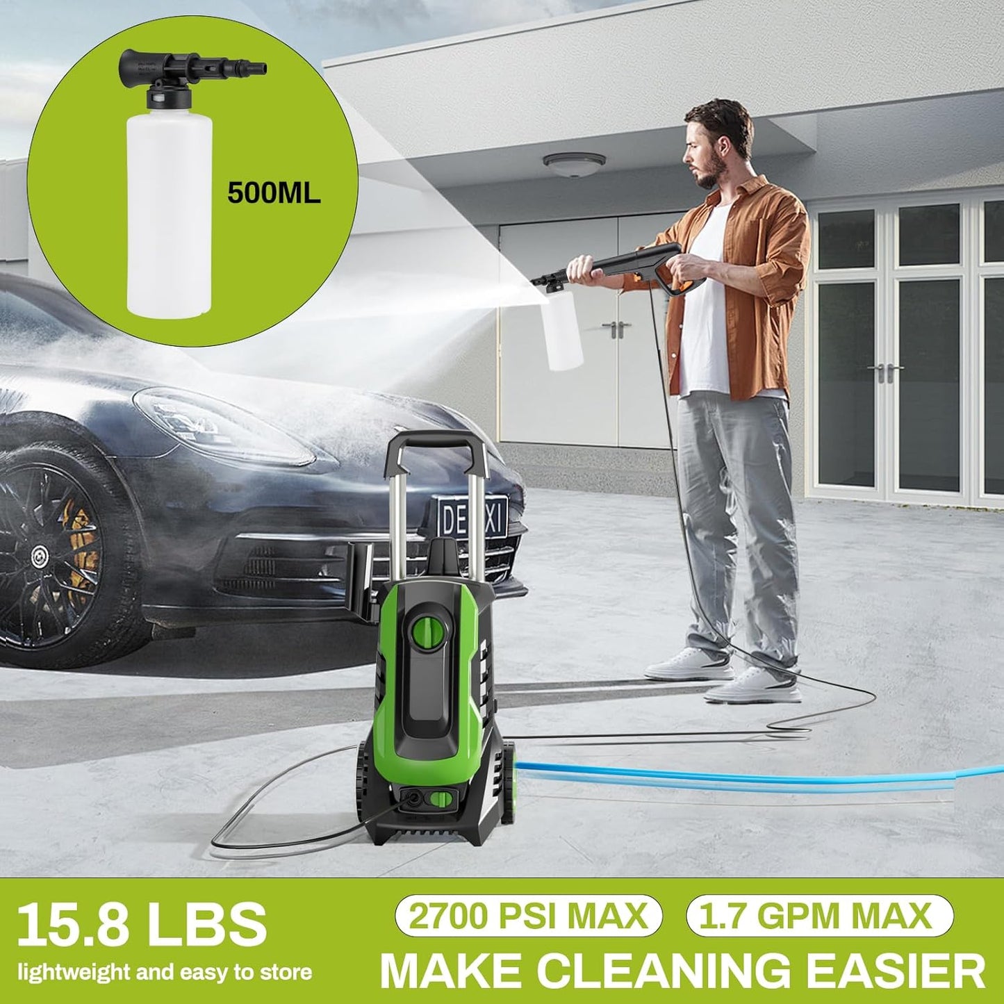 LAZY BUDDY Electric Pressure Washer, 2700 PSI 1.7 GPM Power Washer with 4 Quick Connect Nozzles, High Pressure Cleaning Machine with Foam Cannon for Cars, Fences, Patios