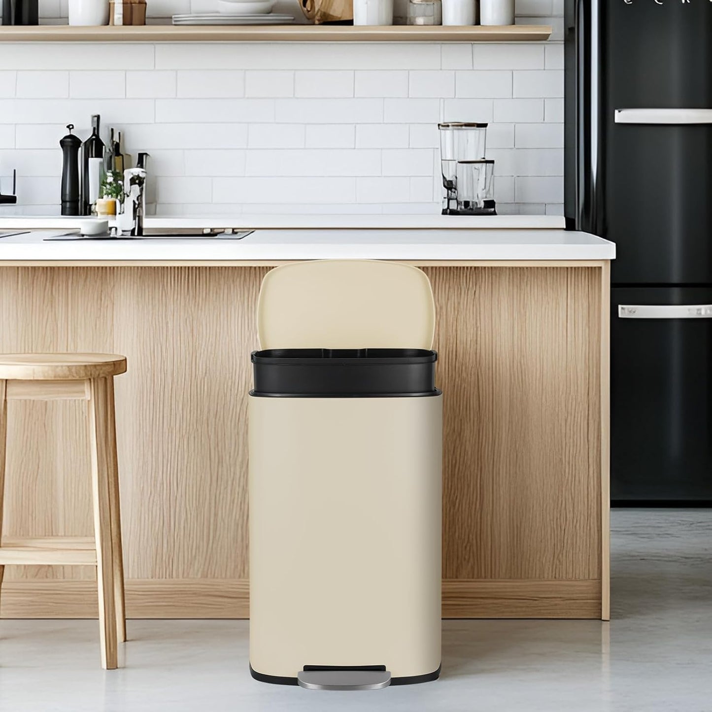 LAZY BUDDY 13.2 Gallon & 1.3 Gallon Stainless Steel Step Trash Can Combo Set, Rectangular Garbage Can for Kitchen Home Bathroom - Black/White/Silver