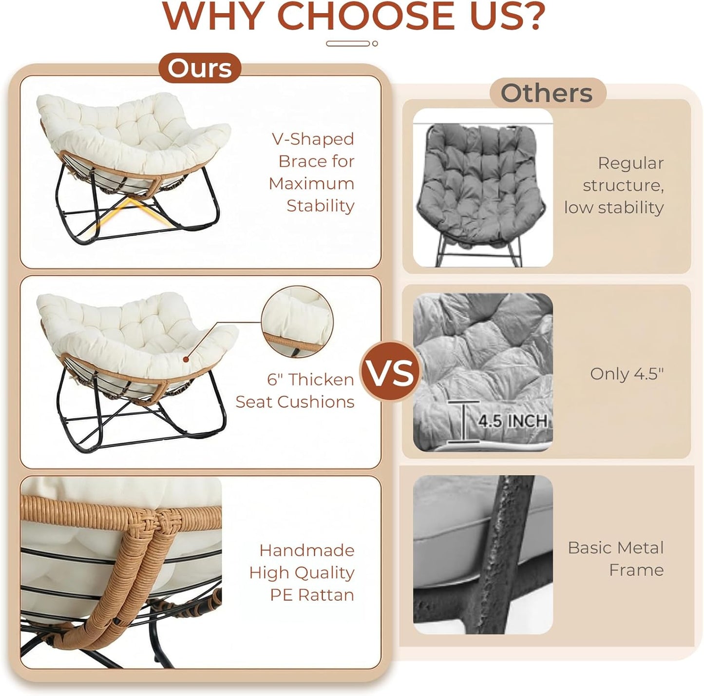 LAZY BUDDY Outdoor Rocking Chair with Ottoman, Oversized Papasan Rocking Chair with Thick Cushion, Indoor Outdoor Cozy Rocker for Balcony, Living Room, Patio
