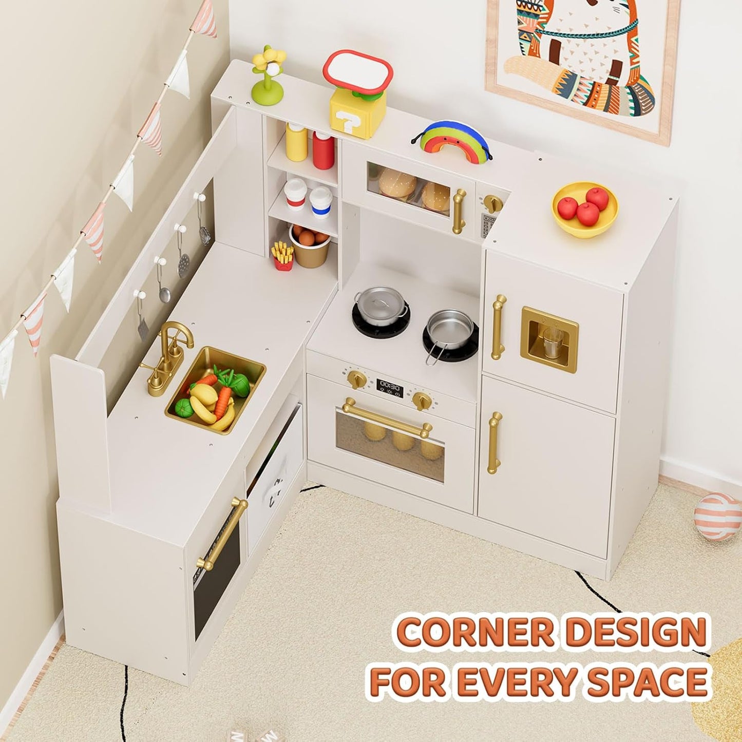 LAZY BUDDY Corner Wooden Play Kitchen w/ Lights & Sounds, Large Toodler Cooking Playset, Pretend Play Kitchen Toy Gift for Ages 3+