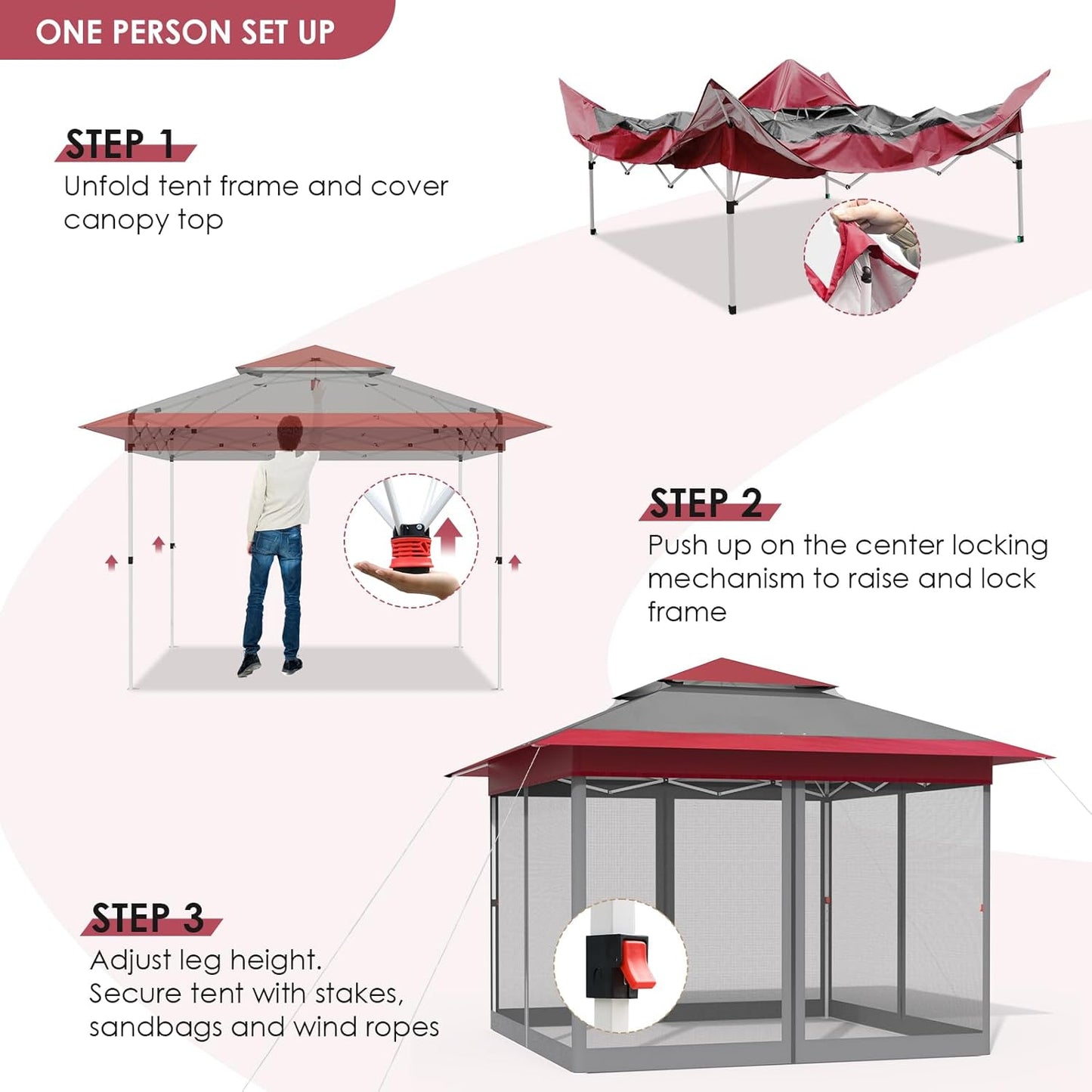 LAZY BUDDY 13ft Pop Up Gazebo, Outdoor Instant Canopy Tent w/4 Netting Sidewall & Auto Extending Eave, Patio Gazebos Shelter w/Mesh Wall, Center Lock, Wheeled Bag for Garden, Yard