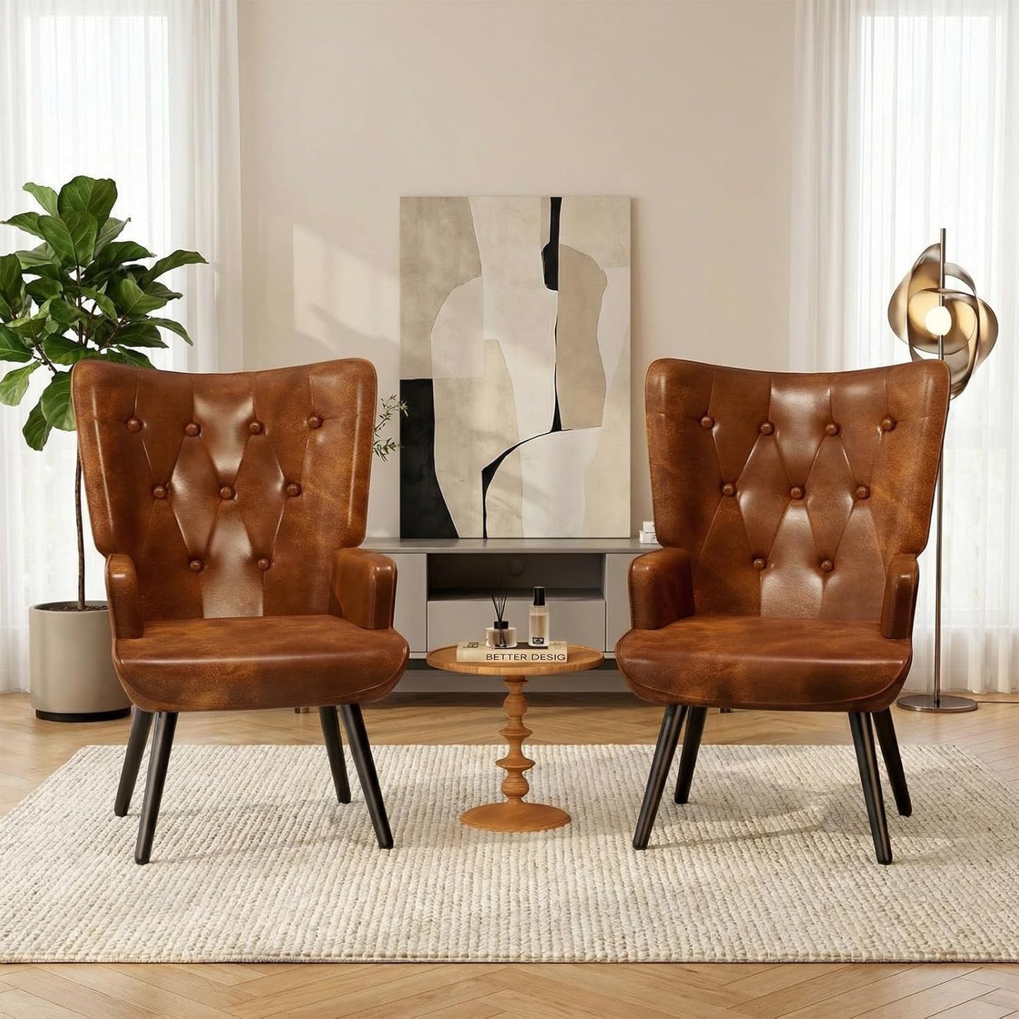 LAZY BUDDY Accent Chairs Set of 2, PU Leather Armchair Upholstered Wingback Chair for Living Room, Bedroom, Waiting Room