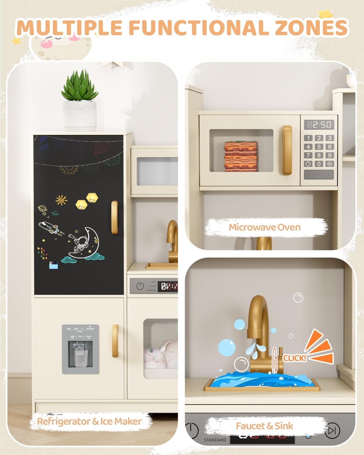 LAZY BUDDY Pretend Play Corner Kitchen, Ultimate Interactive Wooden Kids Kitchen Playset with Range Hood, Chalkboard, Ice Maker