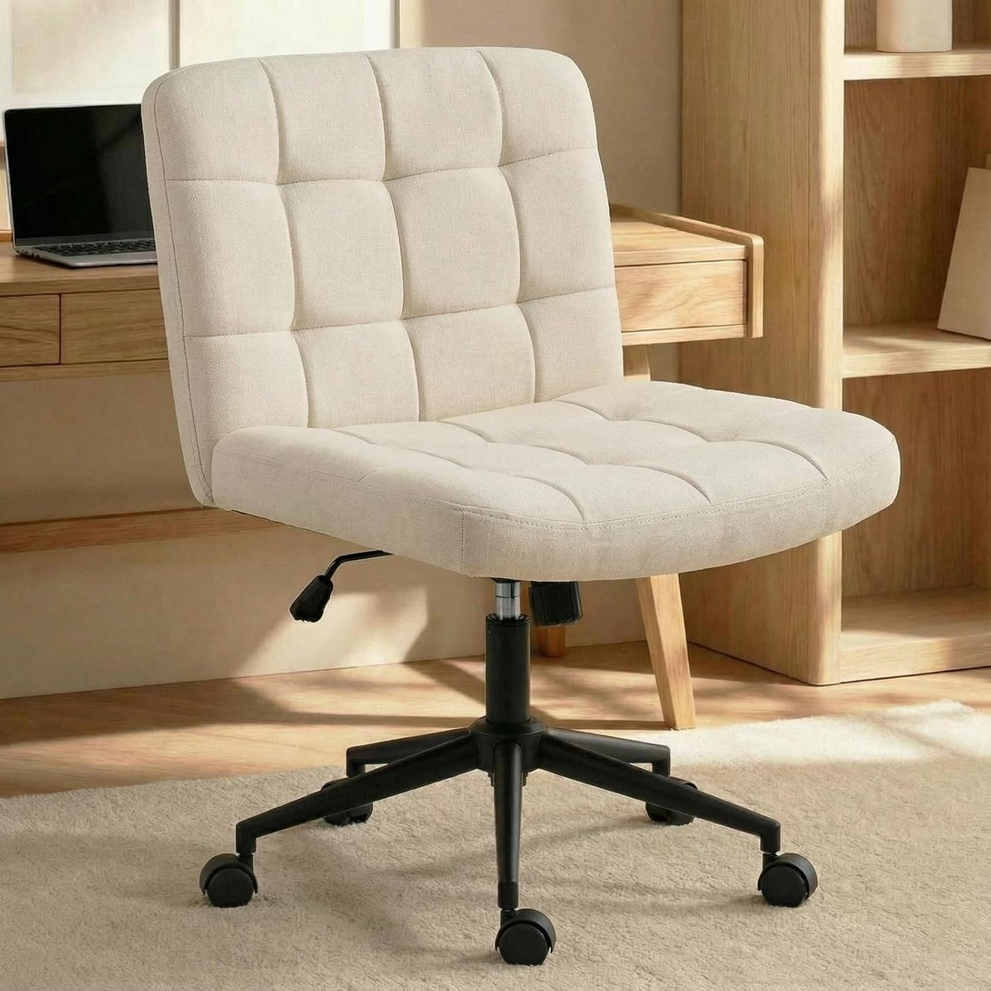 LAZY BUDDY Office Chair, Armless Criss Cross Legged Chair with Wheels, Comfy Home Vanity Task Computer Chair, Adjustable Height