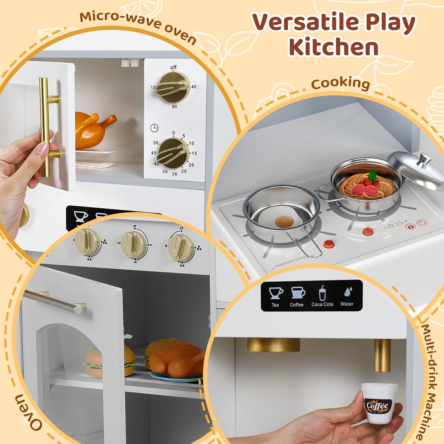 LAZY BUDDY Toddler Play Kitchen, Wooden Kids Kitchen Playset w/Stove, Sink, Microwave, Water Dispenser, Curtain, Gift for Ages 3+