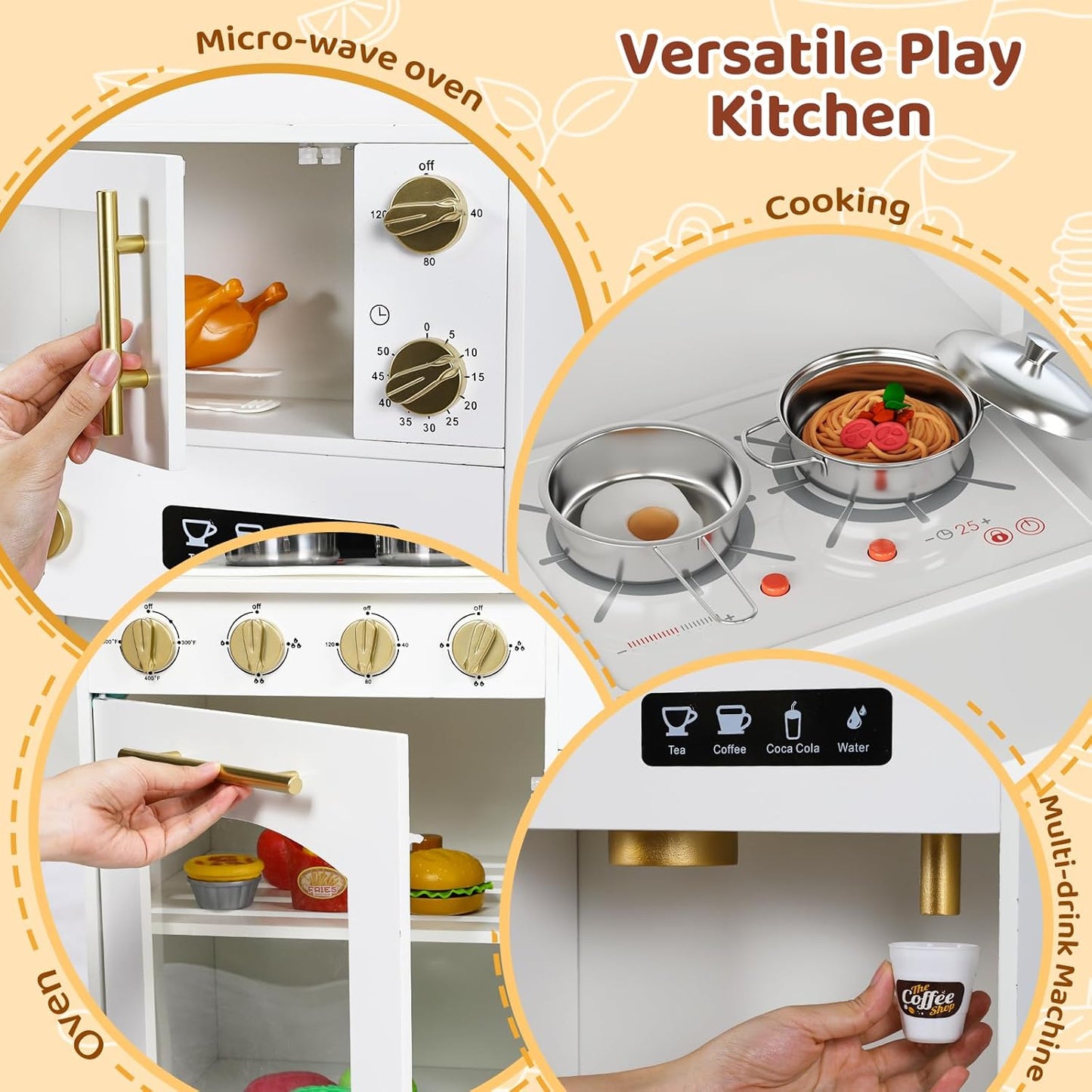 LAZY BUDDY Toddler Play Kitchen, Wooden Kids Kitchen Playset w/Stove, Sink, Microwave, Water Dispenser, Curtain, Gift for Ages 3+