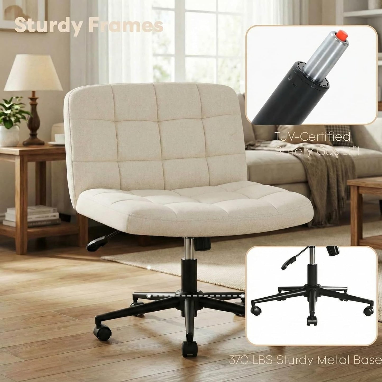 LAZY BUDDY Office Chair, Armless Criss Cross Legged Chair with Wheels, Comfy Home Vanity Task Computer Chair, Adjustable Height