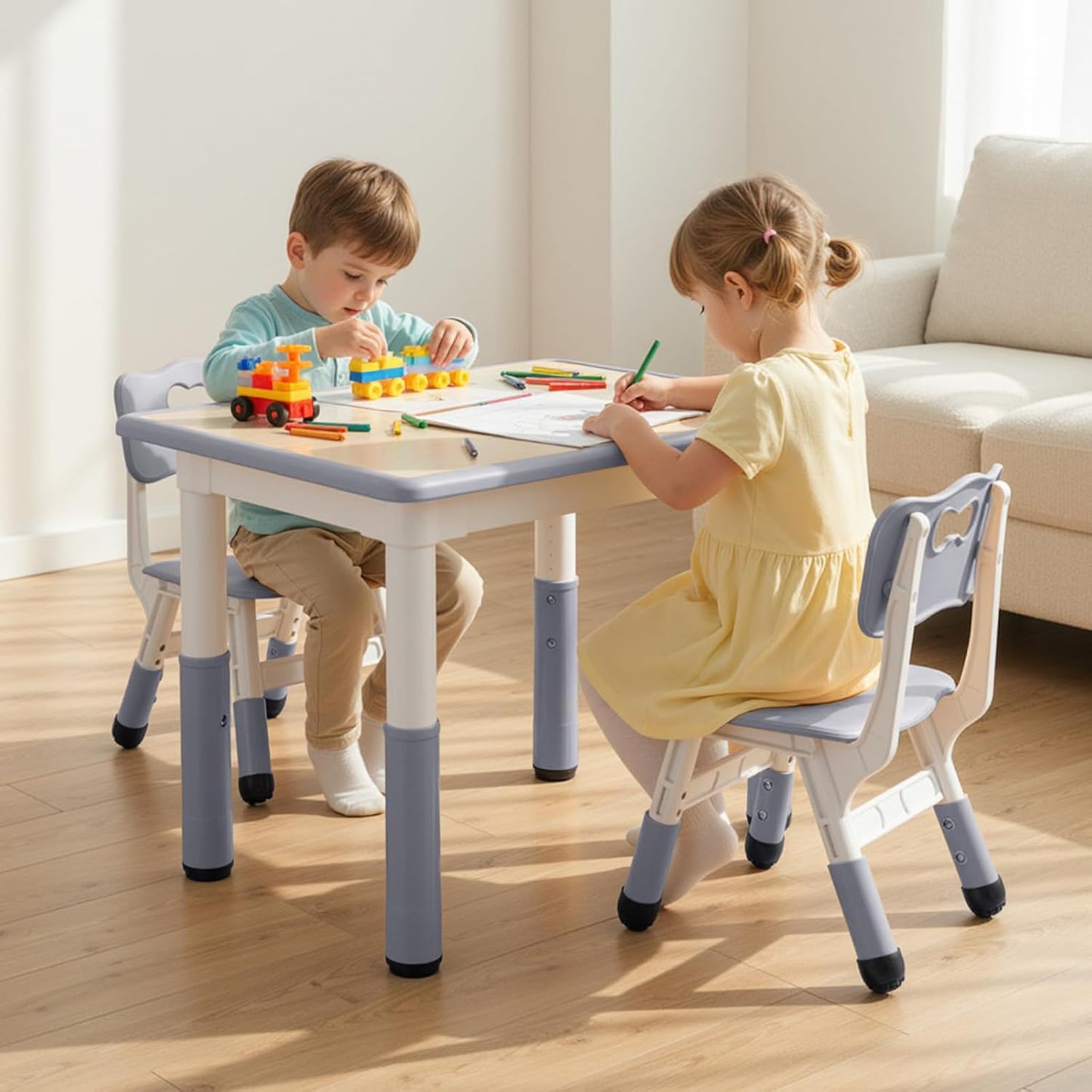 LAZY BUDDY Kids Table and 2 Chairs Set, Height Adjustable Toddler Play Activity Table Set for Children 3-8 Years