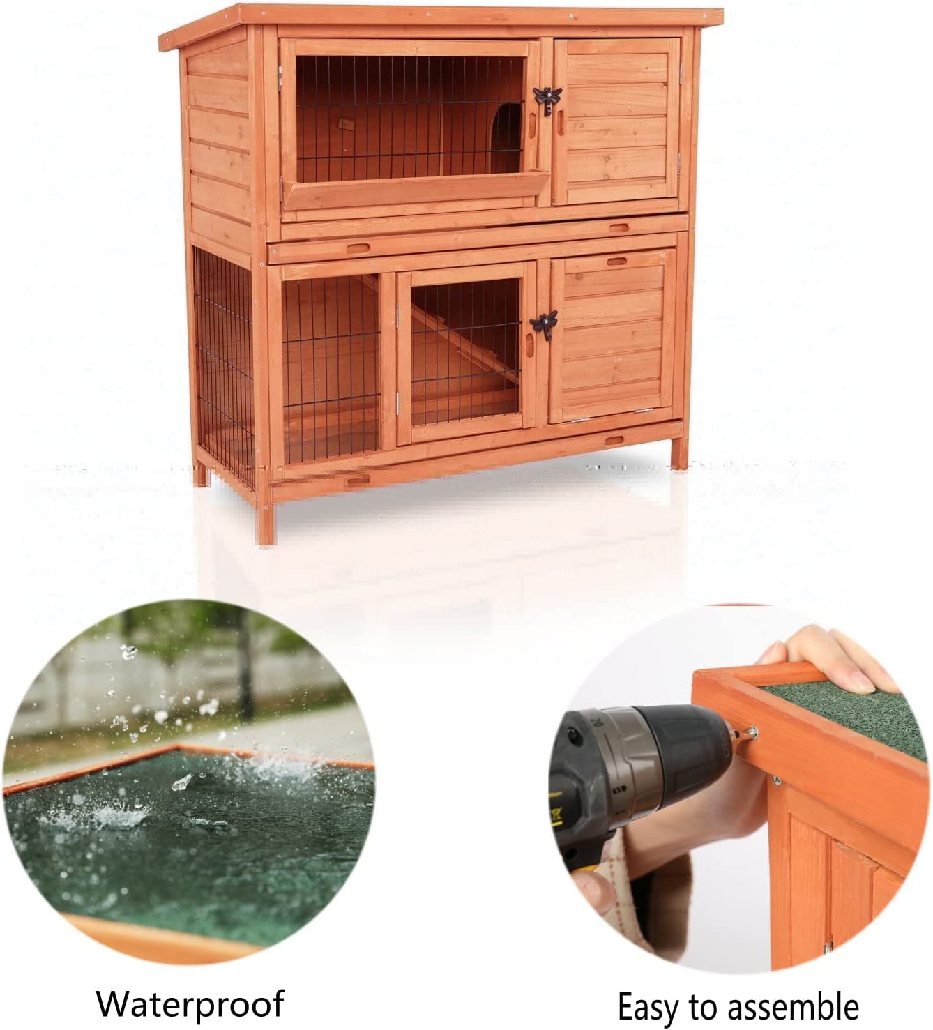 LAZY BUDDY Rabbit Hutch Wooden Rabbit Cage Indoor Outdoor Backyard Bunny Small Animal Cage with Waterproof Roof & Removable Tray