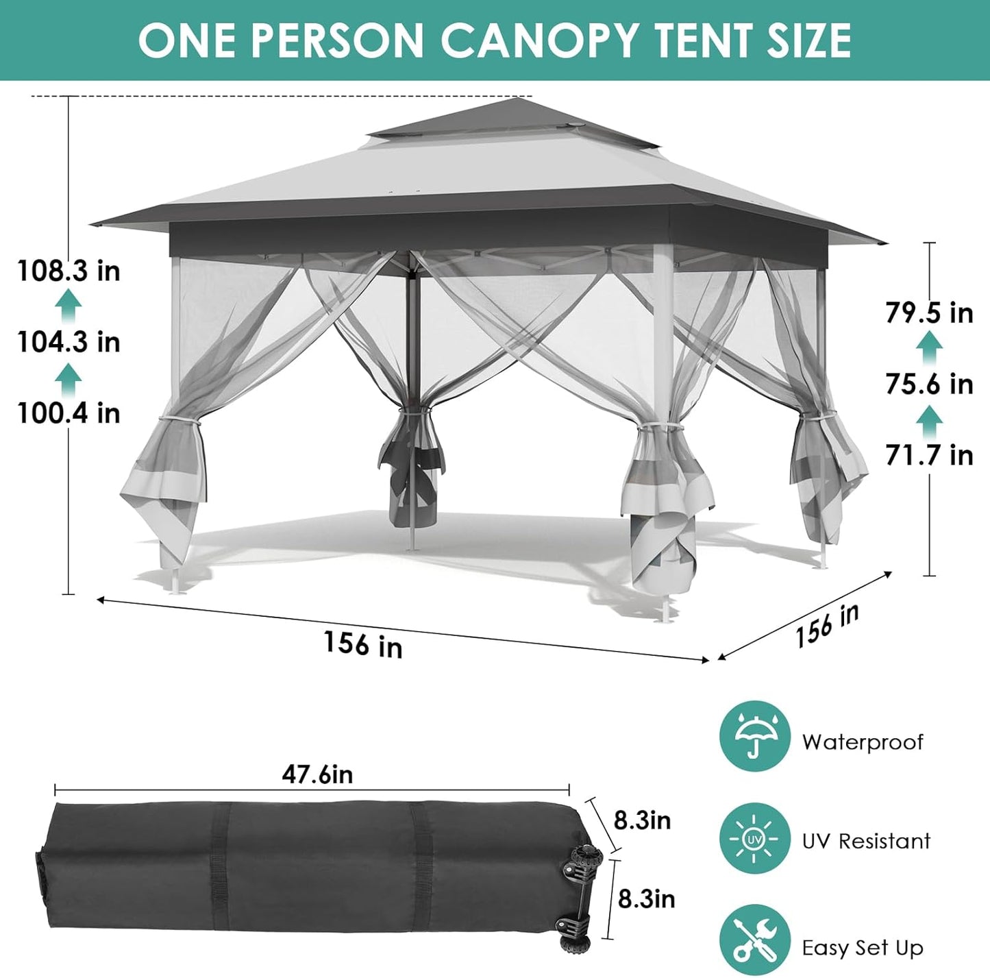 LAZY BUDDY 13ft Pop Up Gazebo, Outdoor Instant Canopy Tent w/4 Netting Sidewall & Auto Extending Eave, Patio Gazebos Shelter w/Mesh Wall, Center Lock, Wheeled Bag for Garden, Yard