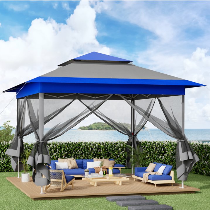 LAZY BUDDY 13ft Pop Up Gazebo, Outdoor Instant Canopy Tent w/4 Netting Sidewall & Auto Extending Eave, Patio Gazebos Shelter w/Mesh Wall, Center Lock, Wheeled Bag for Garden, Yard