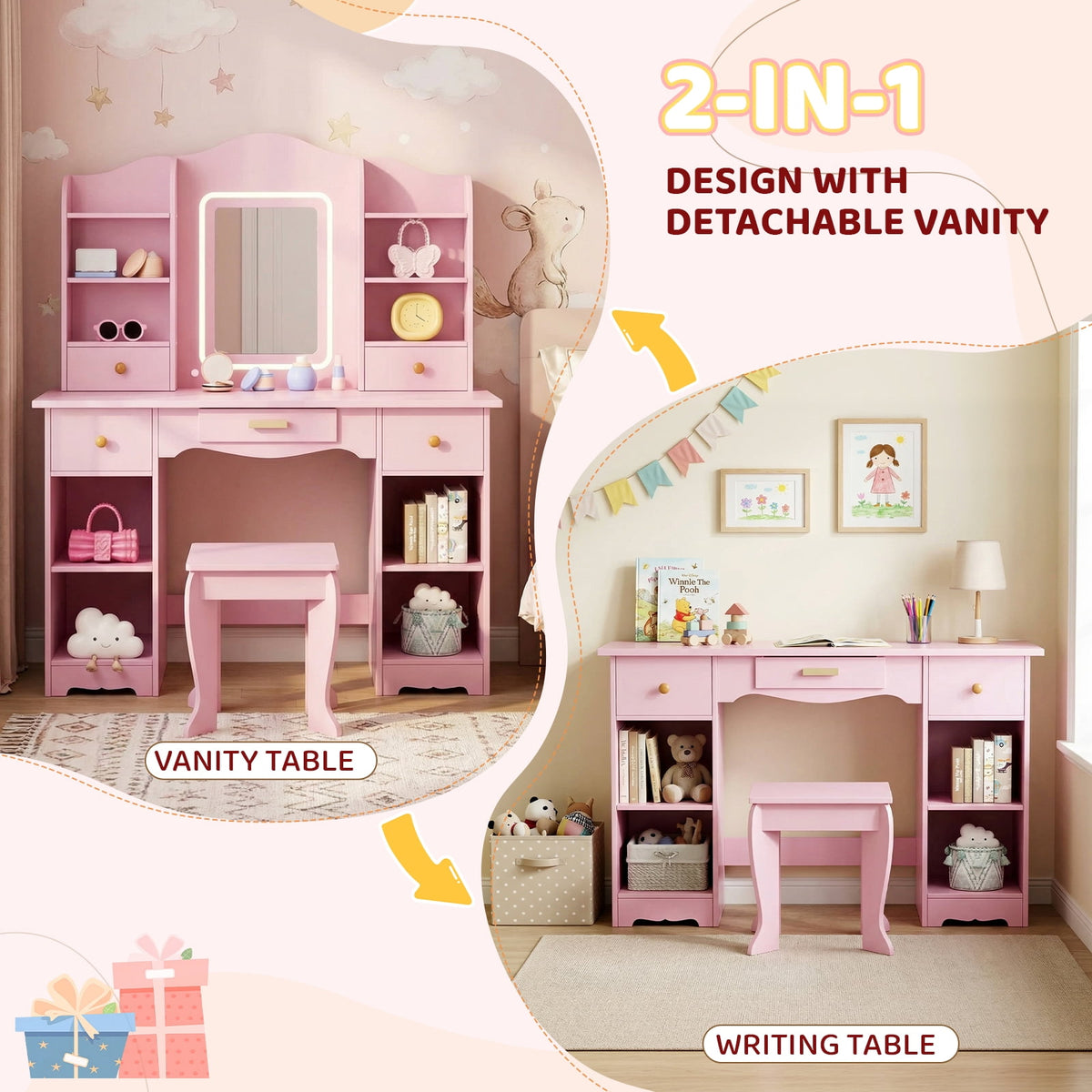 LAZY BUDDY Wooden Kids Vanity Table with Lights, Mirror and Stool, 2 in 1 Toddler Pretend Play Dressing Table with Drawers & Open Shelves for Little Girls