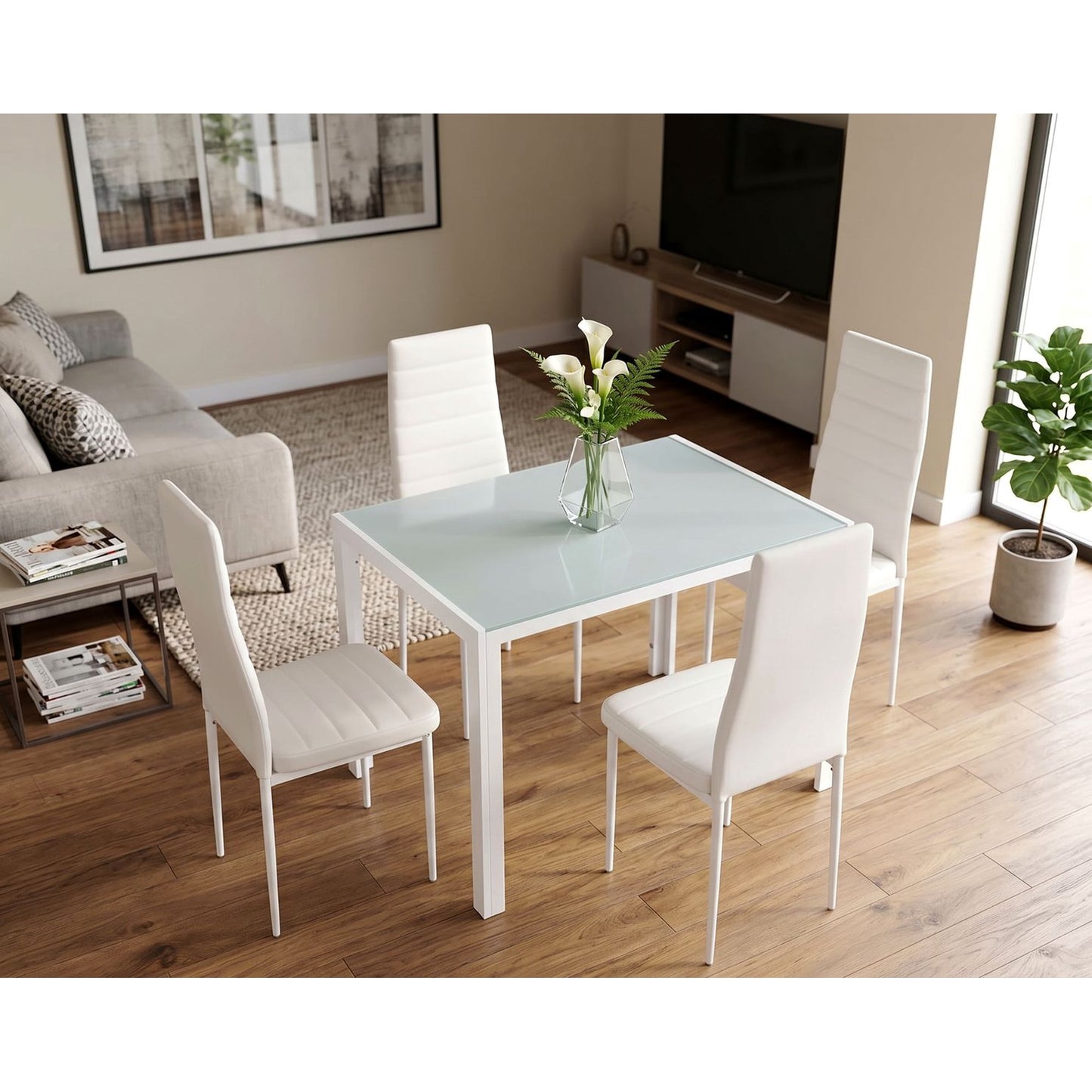 LAZY BUDDY 5-Piece Kitchen Dining Table Set, Modern Table and 4 Faux Leather Chairs with Tempered Glass Tabletop for Dining Room