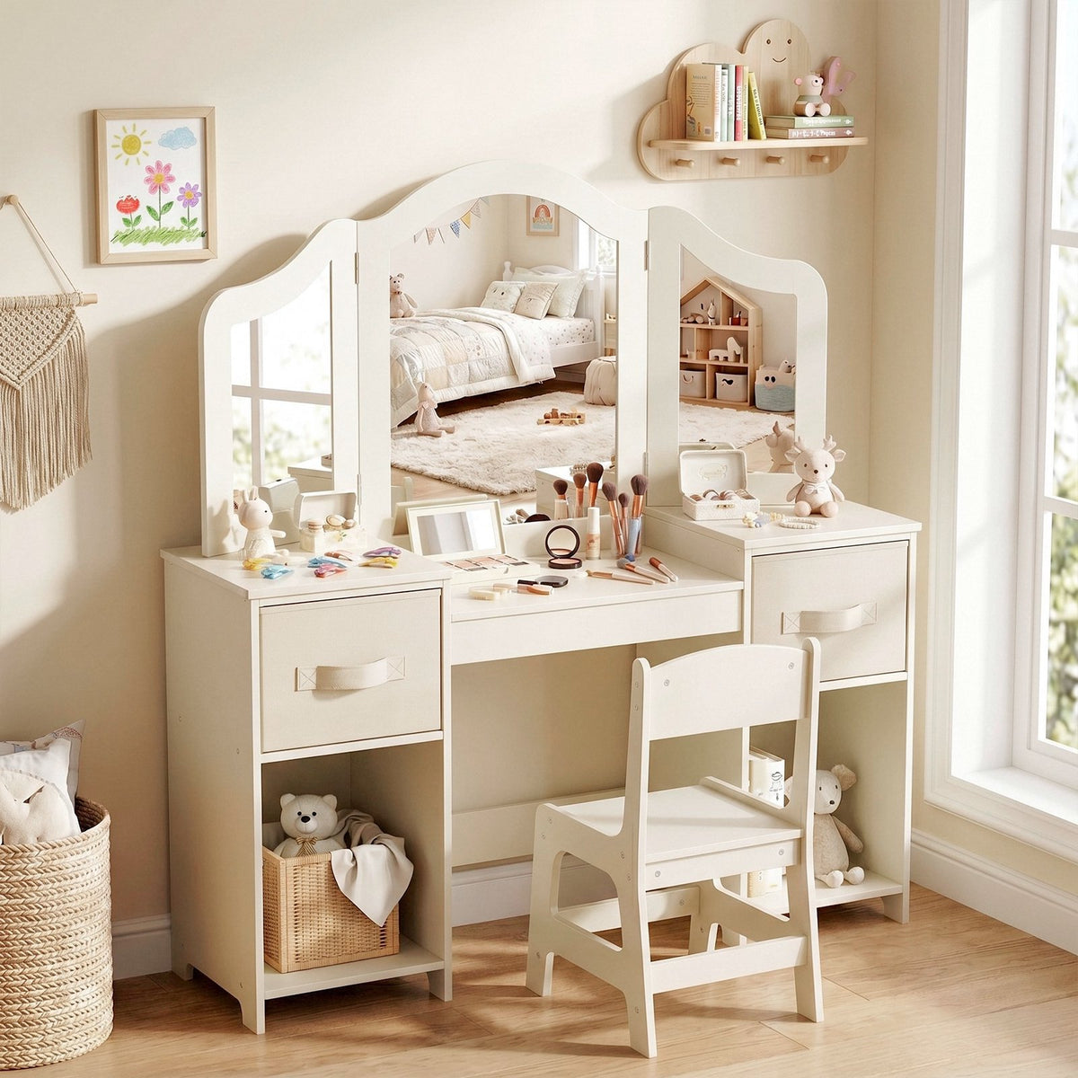 LAZY BUDDY Kids Vanity Set, 2 in 1 Princess Makeup Desk and Chair Set with Canvas Drawers Tri-Folding Detachable Mirror Large Storage Shelves, Wooden Dressing Table, Pretend Play Vanity Set