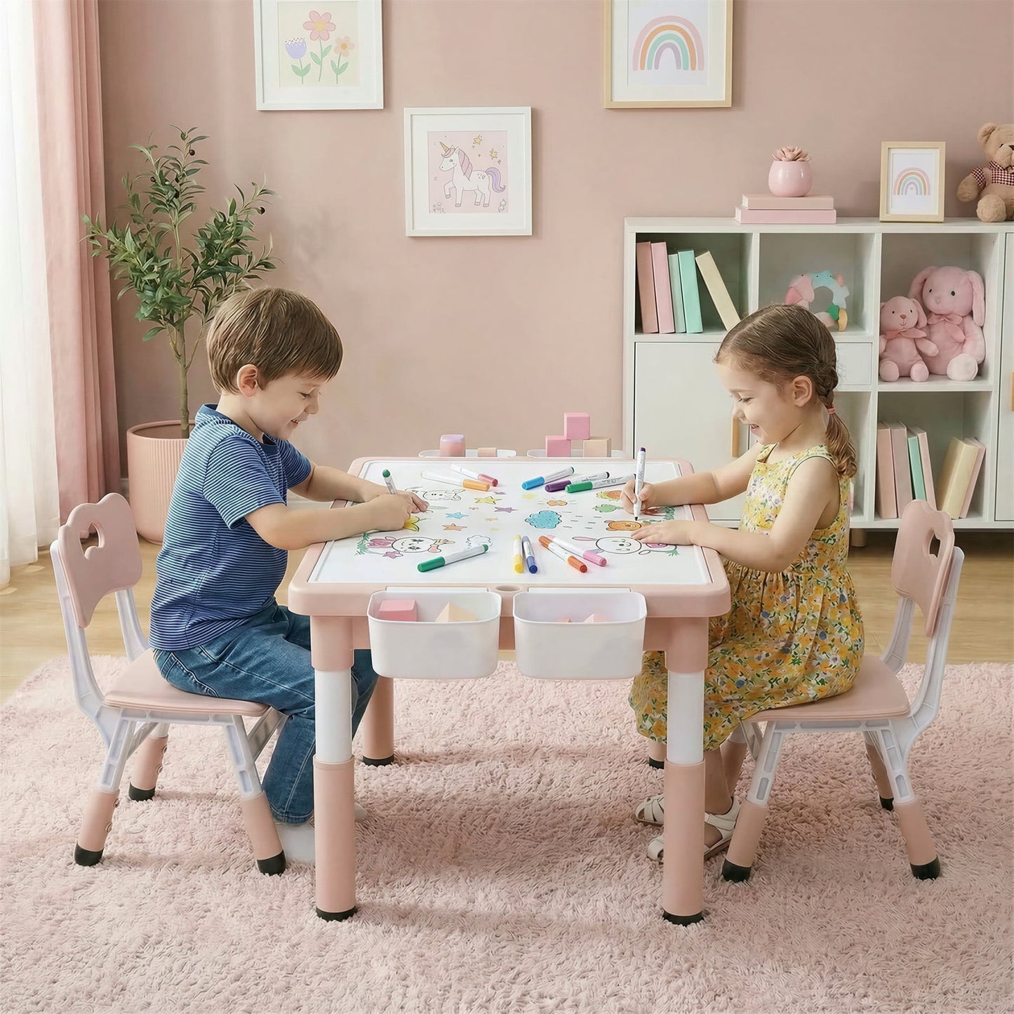 LAZY BUDDY Kids Table and Chairs Set with Storage Boxes, Height Adjustable Toddler Activity Table and 2 Chairs Set with Graffiti & Building Blocks Double-Sided Tabletop