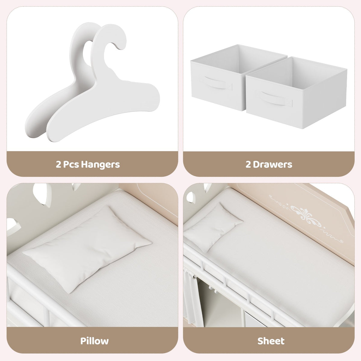 LAZY BUDDY Baby Doll Cirb, Wooden Doll Bed with 2 Storage Drawers, 2 Hangers, Pillow & Sheet