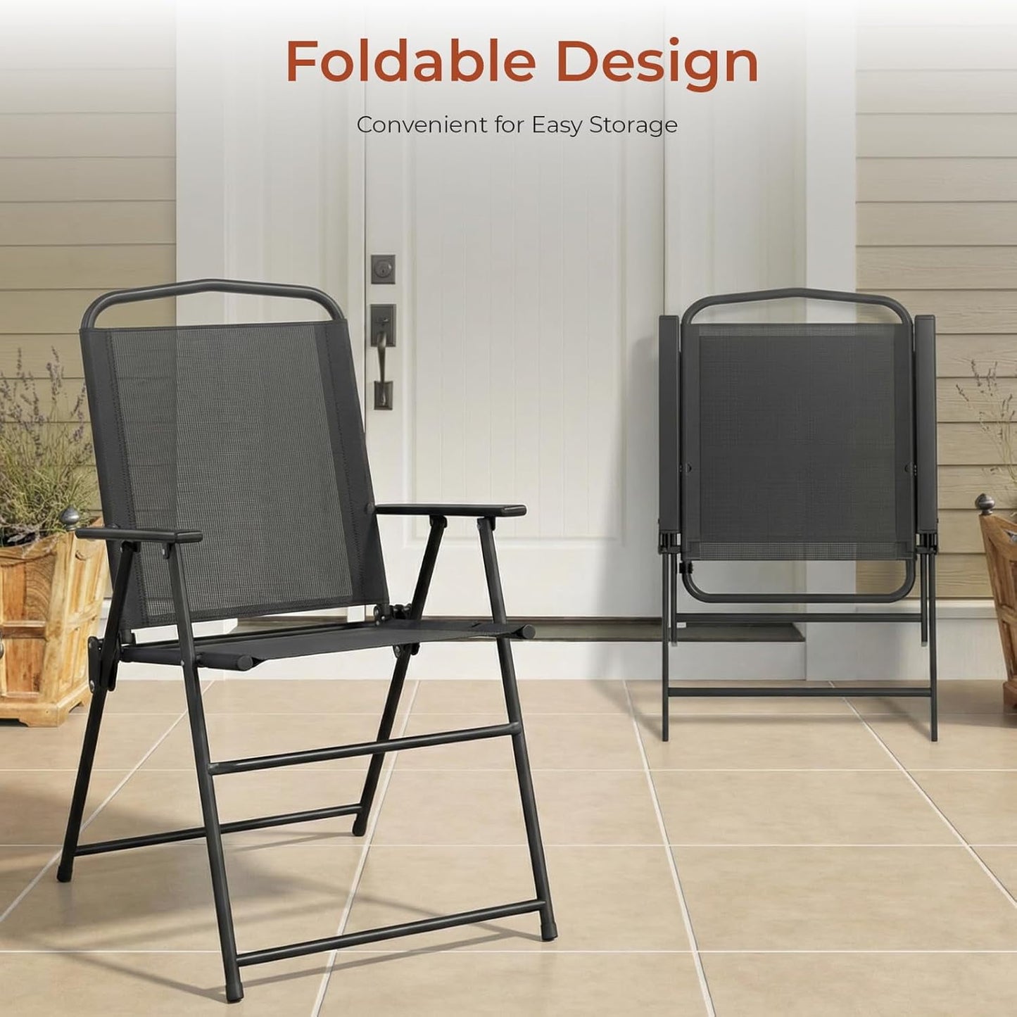 LAZY BUDDY 6-Piece Outdoor Patio Dining Set with Umbrella, All-Weather Round Glass Table with 4 Folding Chairs, Metal Frame, for Backyard Deck Garden