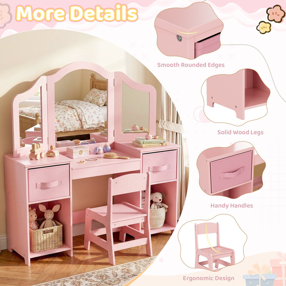 LAZY BUDDY Kids Vanity Set with Mirror and Stool, Toddler Makeup Dressing Table with Chair, Drawers & Storage Shelves, Wooden Princess Pretend Play Vanity for Girls Bedroom