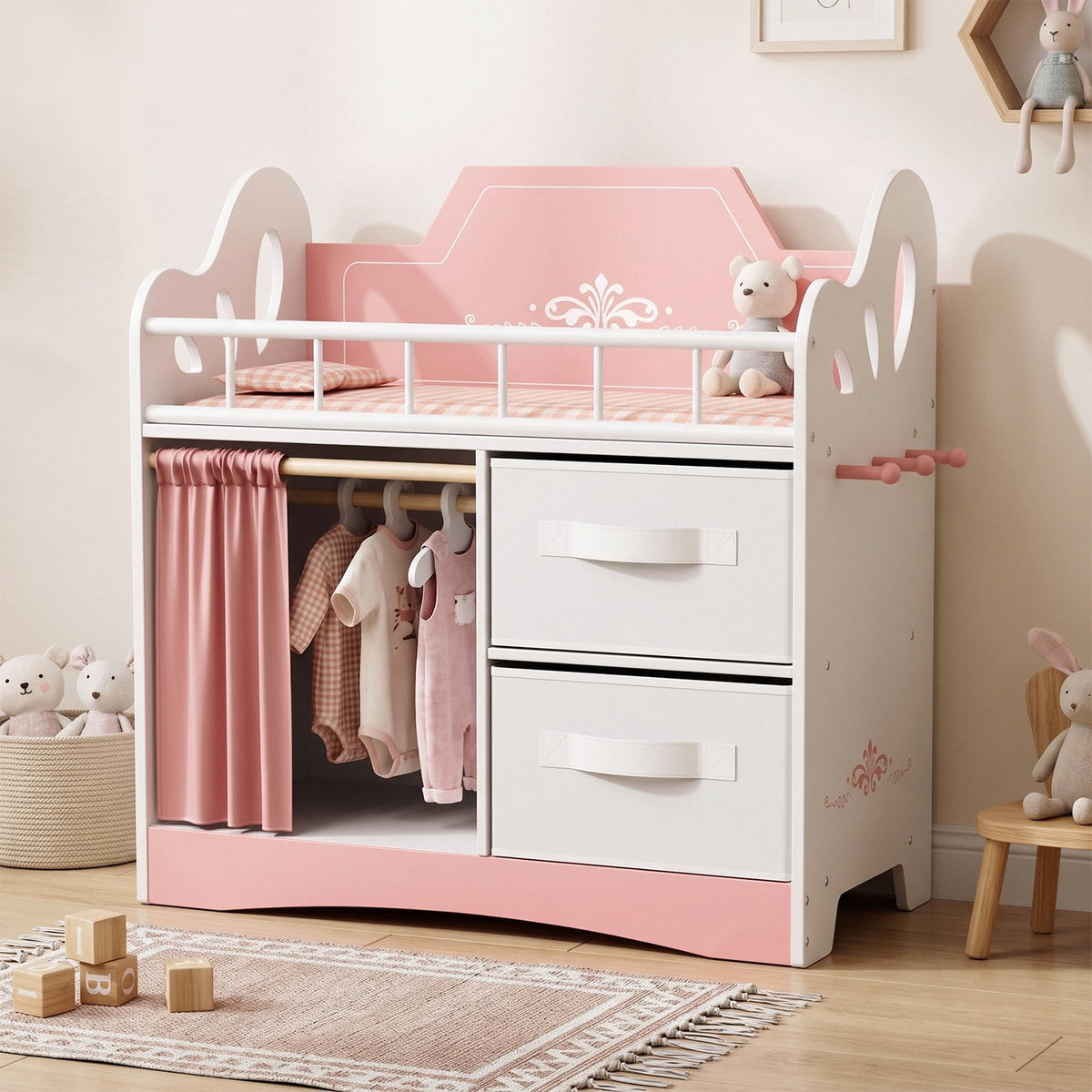 LAZY BUDDY Baby Doll Cirb, Wooden Doll Bed with 2 Storage Drawers, 2 Hangers, Pillow & Sheet