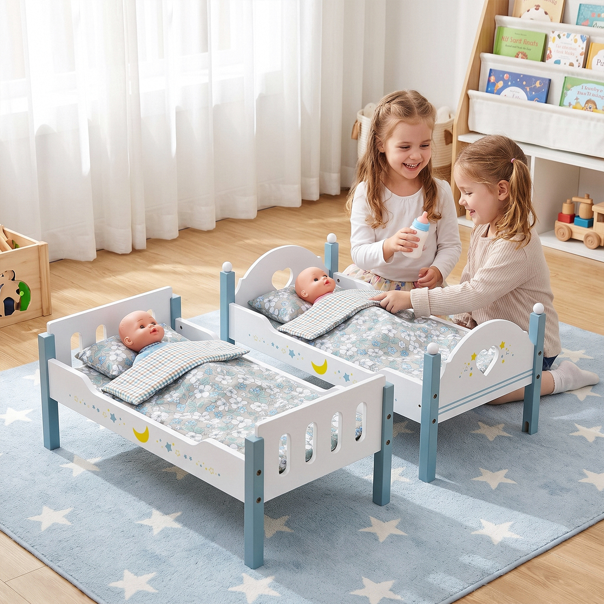 LAZY BUDDY Wooden Bunk Bed for Dolls up to 19in, Baby Dolls Crib with Bedding, Pretend Play Toy for Kids 3+