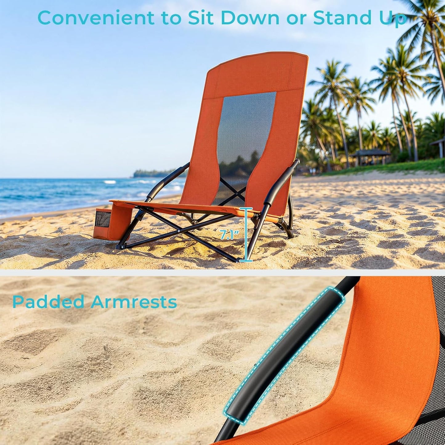 LAZY BUDDY High Back Beach Chair Set of 2, Portable Folding Low Seat Chair for Camping, Beach, Outdoor Concert, 350lbs