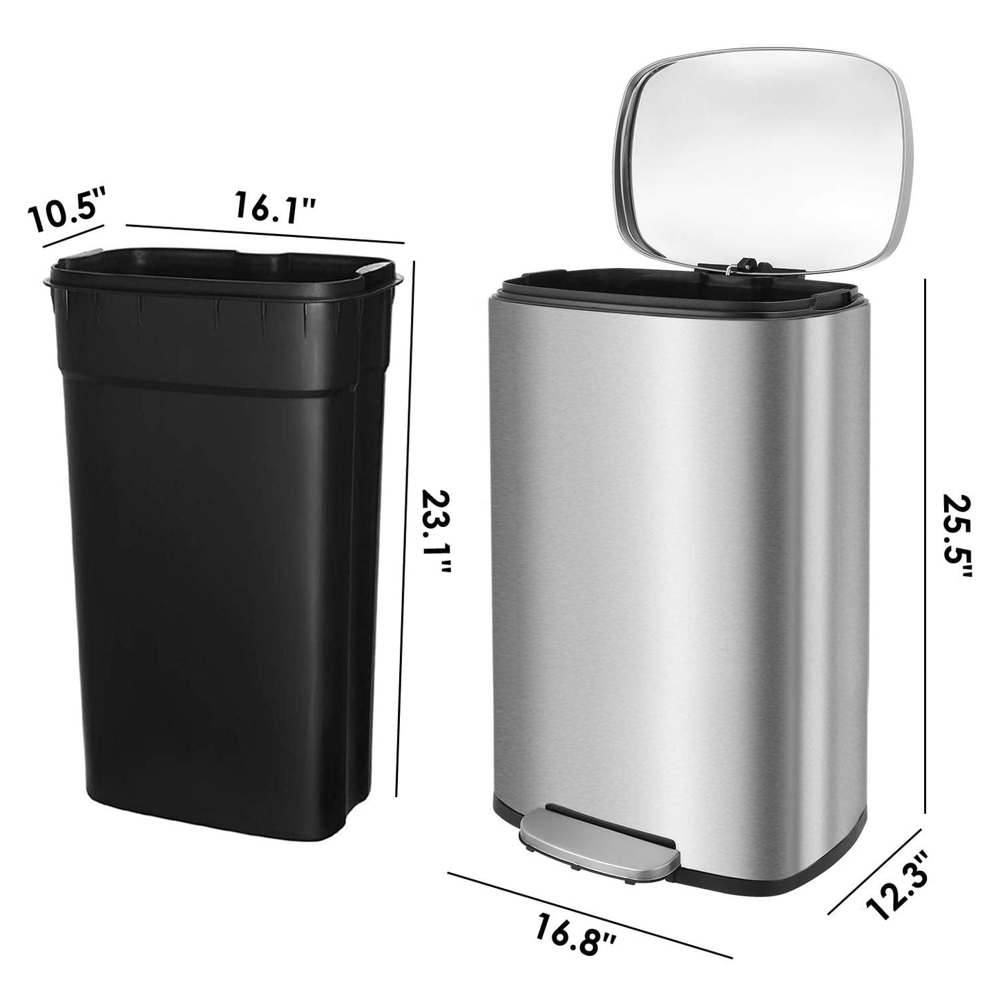 GARTIO 13 gal Stainless Steel Kitchen Step Trash Can Black Garbage Can with Lid