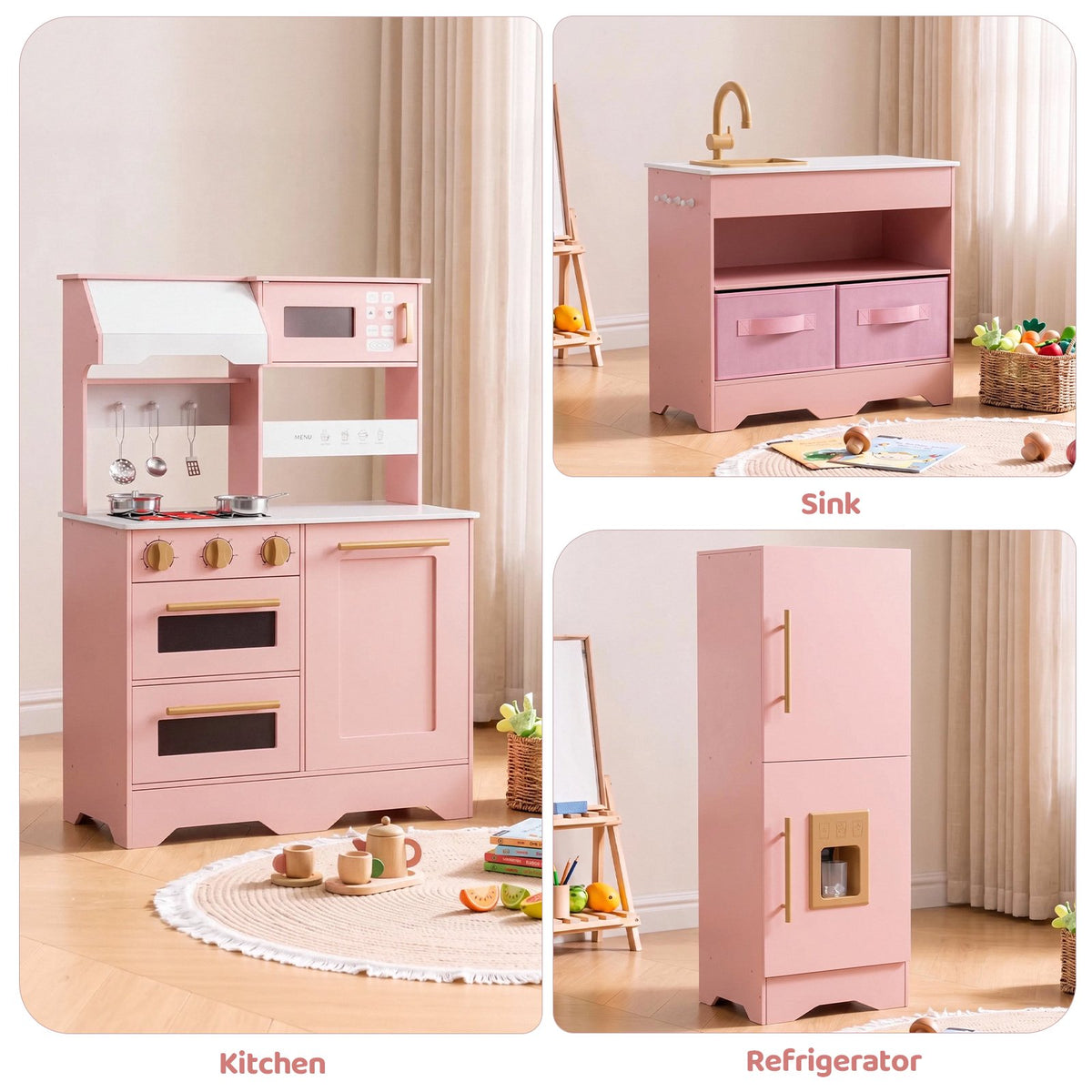 LAZY BUDDY Wooden Pretend Play Kitchen for Kids, 3-Piece Modular Kitchen Playset Toddler Interactive Toy Gift