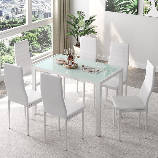 LAZY BUDDY 7 Pieces Kitchen Dining Table Set, Tempered Glass Table and 6 Faux Leather Chairs