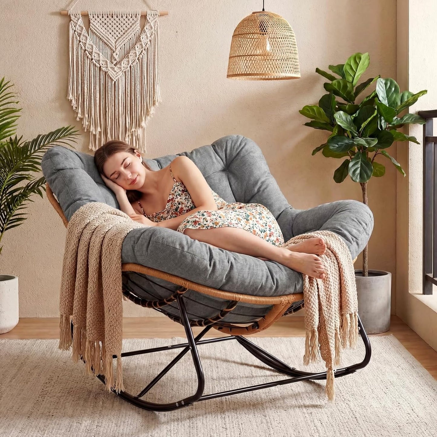 LAZY BUDDY Outdoor Papasan Rocking Chair, Oversized Lounge Chair Rocker with Thick Cushion, for Patio, Balcony, Porch and Indoor
