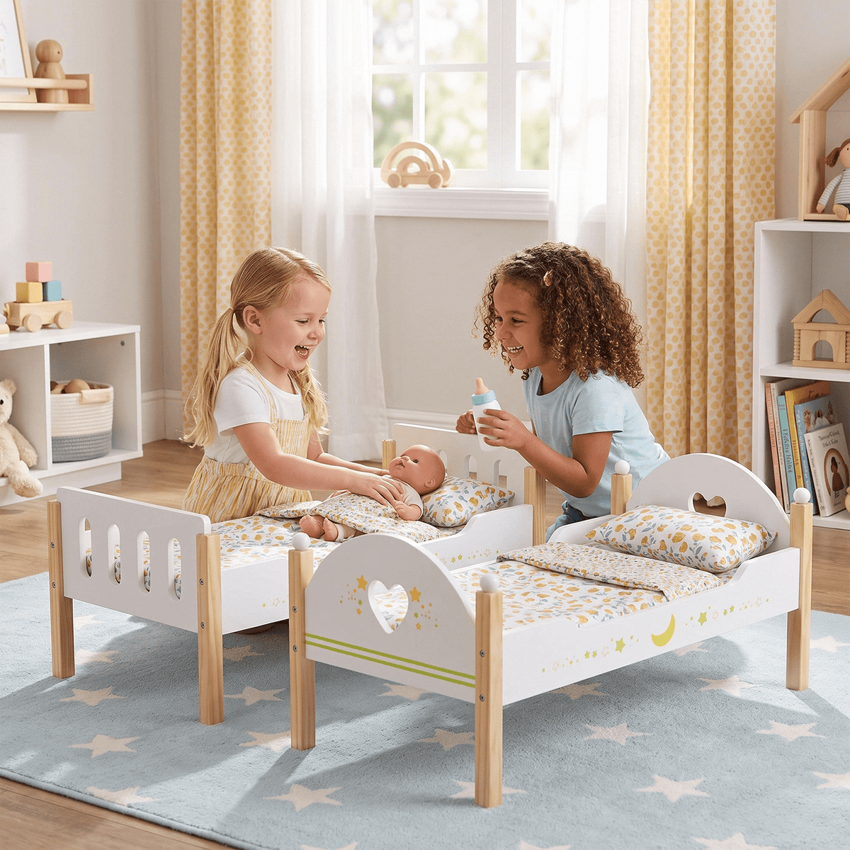 LAZY BUDDY Wooden Bunk Bed for Dolls up to 19in, Baby Dolls Crib with Bedding, Pretend Play Toy for Kids 3+