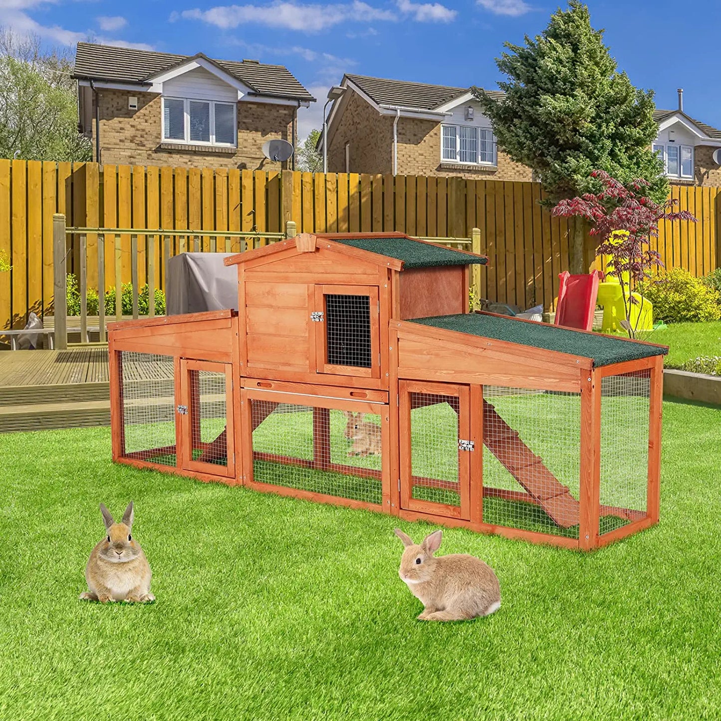 LAZY BUDDY 82.7'' Large Rabbit Hutch, Wooden Rabbit Cage Outdoor Backyard Bunny Cage with Ramps, Waterproof Roof