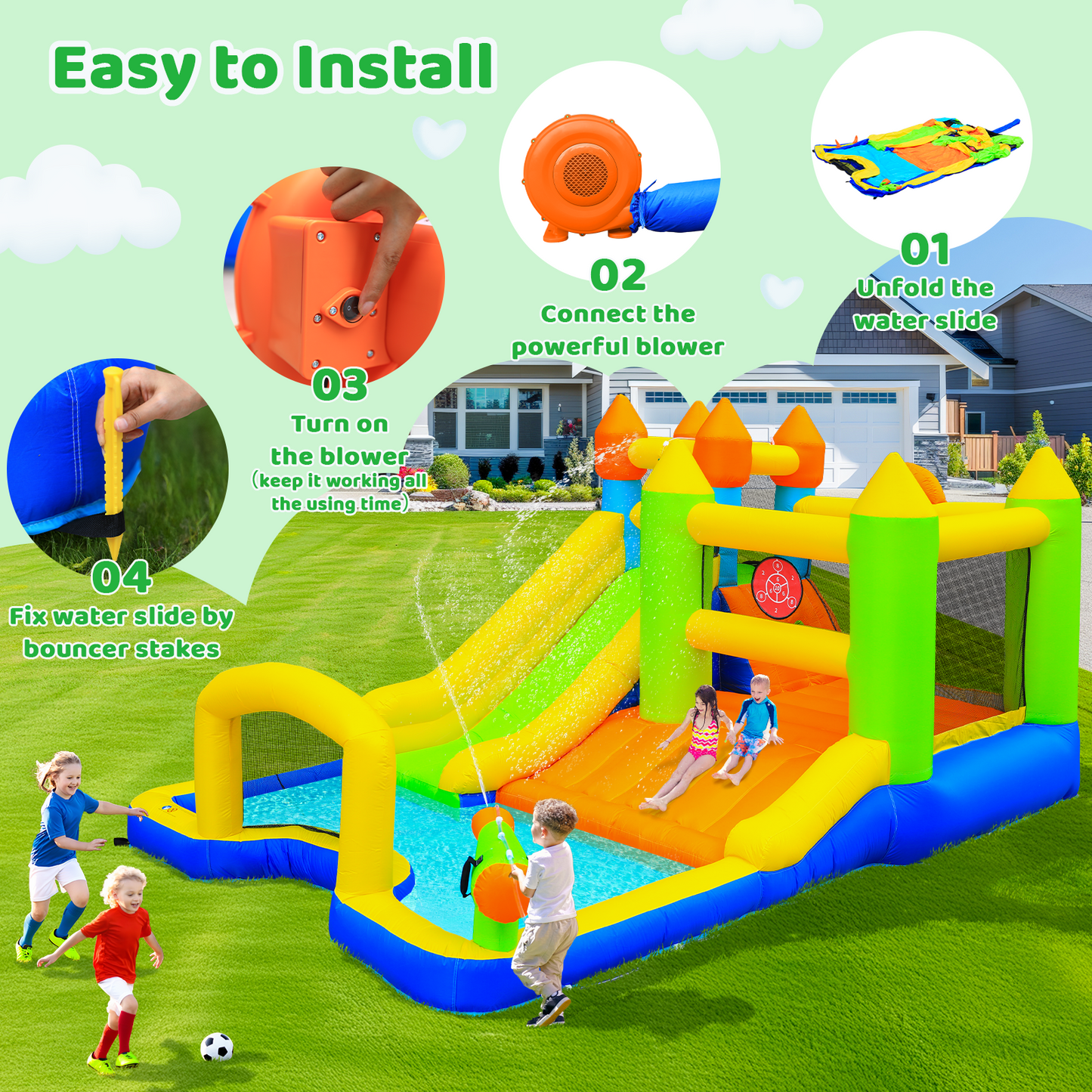 LAZY BUDDY Inflatable Water Slide Kids Bounce House with Splash Pool, Water Cannon, Climbing Wall, Blower & Basketball for Children Indoor / Outdoor Play