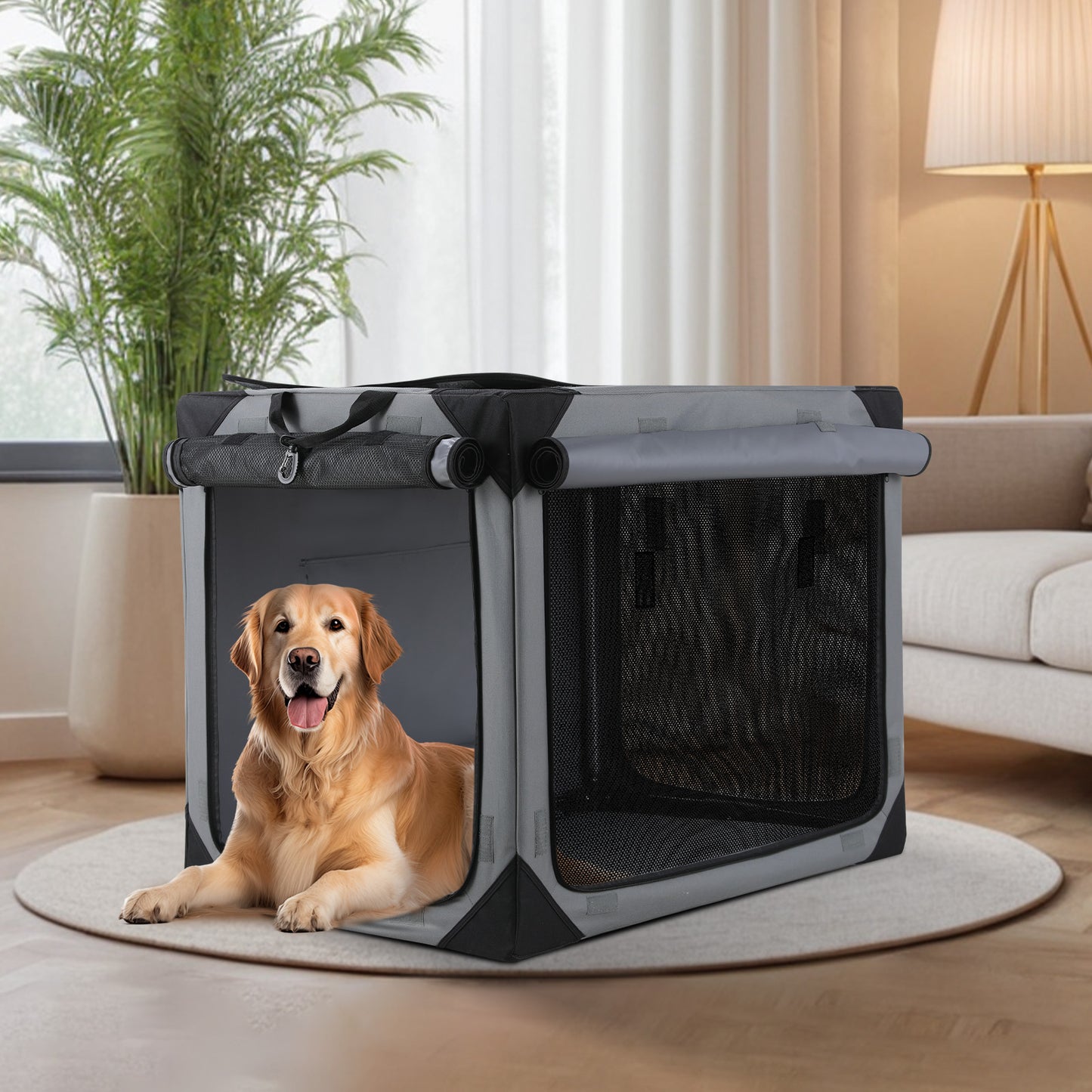 LAZY BUDDY 36"/ 42" Collapsible Dog Crate, 4-Door Foldable Dog Crate Gray Collapsible Dog Kennel Portable Dog Crate for Indoor Outdoor