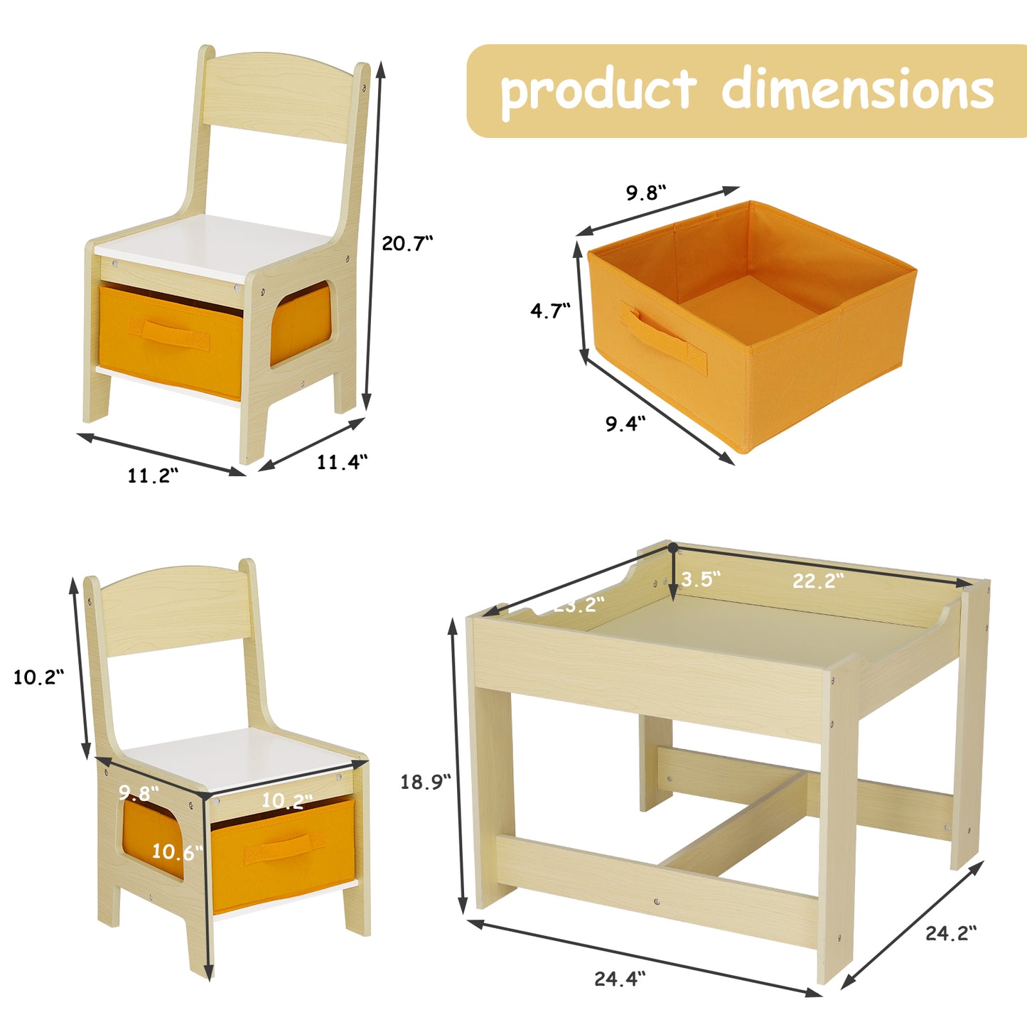 LAZY BUDDY Kids Table and 2 Chairs Set, 3-in-1 Toddler Wood Activity Play Table with Detachable Storage Drawer, for Children 2-8 Years