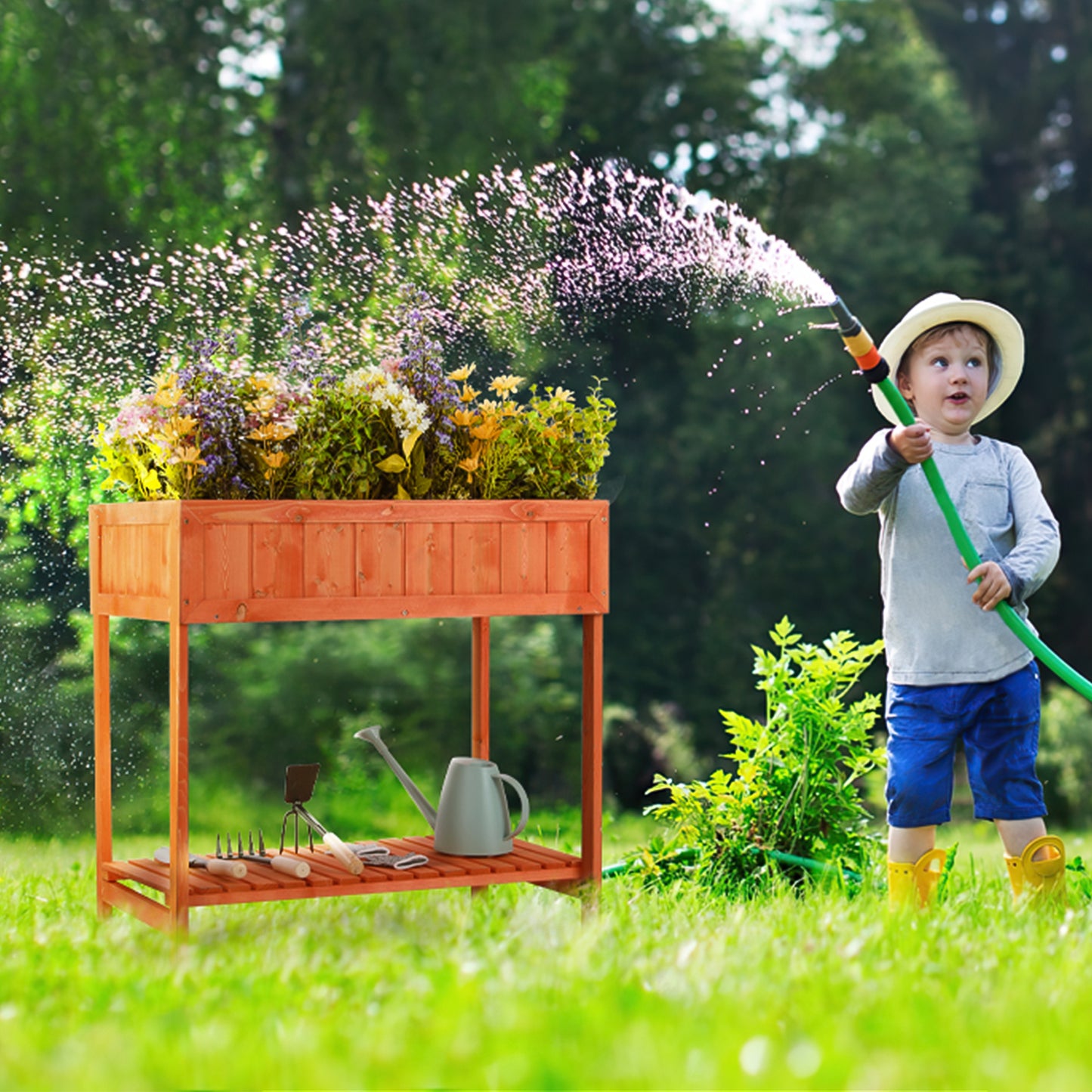 LAZY BUDDY Wooden Raised Garden Bed with Garden Tools Storage Shelf Elevated Planter Box Stand