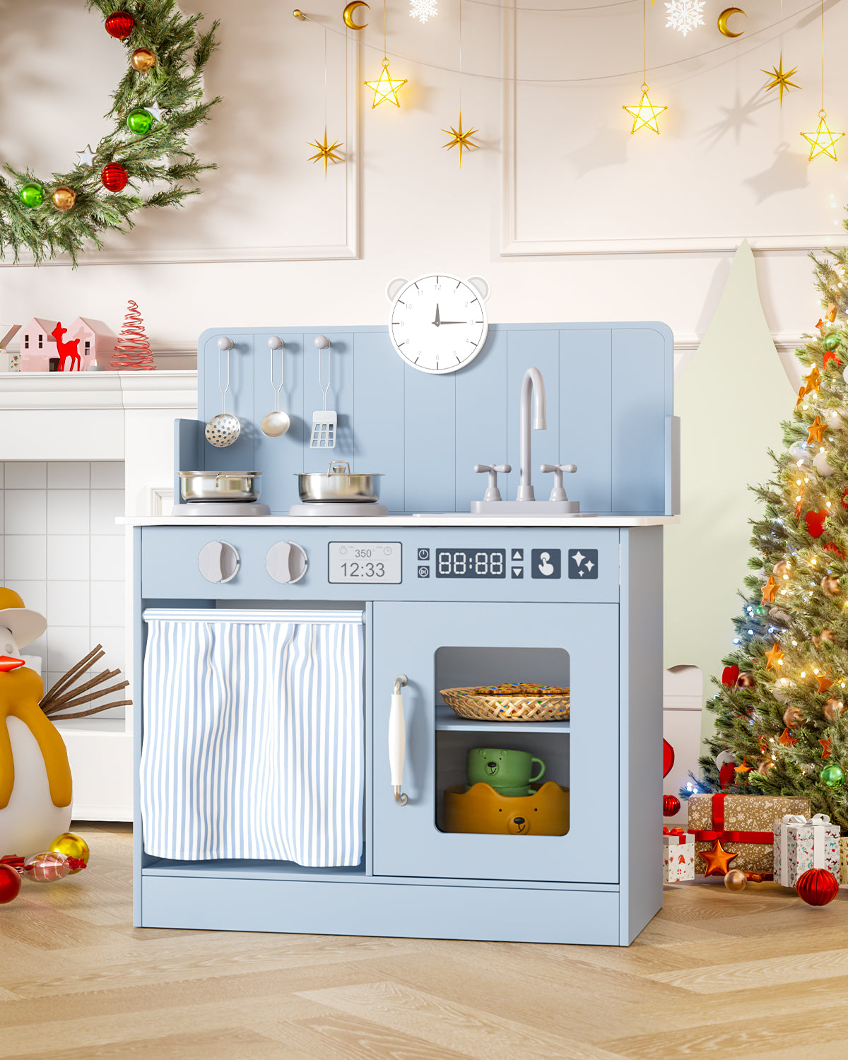 LAZY BUDDY Kids Play Kitchen, Wooden Kitchen Playset for Toddlers Interactive Pretend Play Toy with Clicking Knobs, Sink & Clock